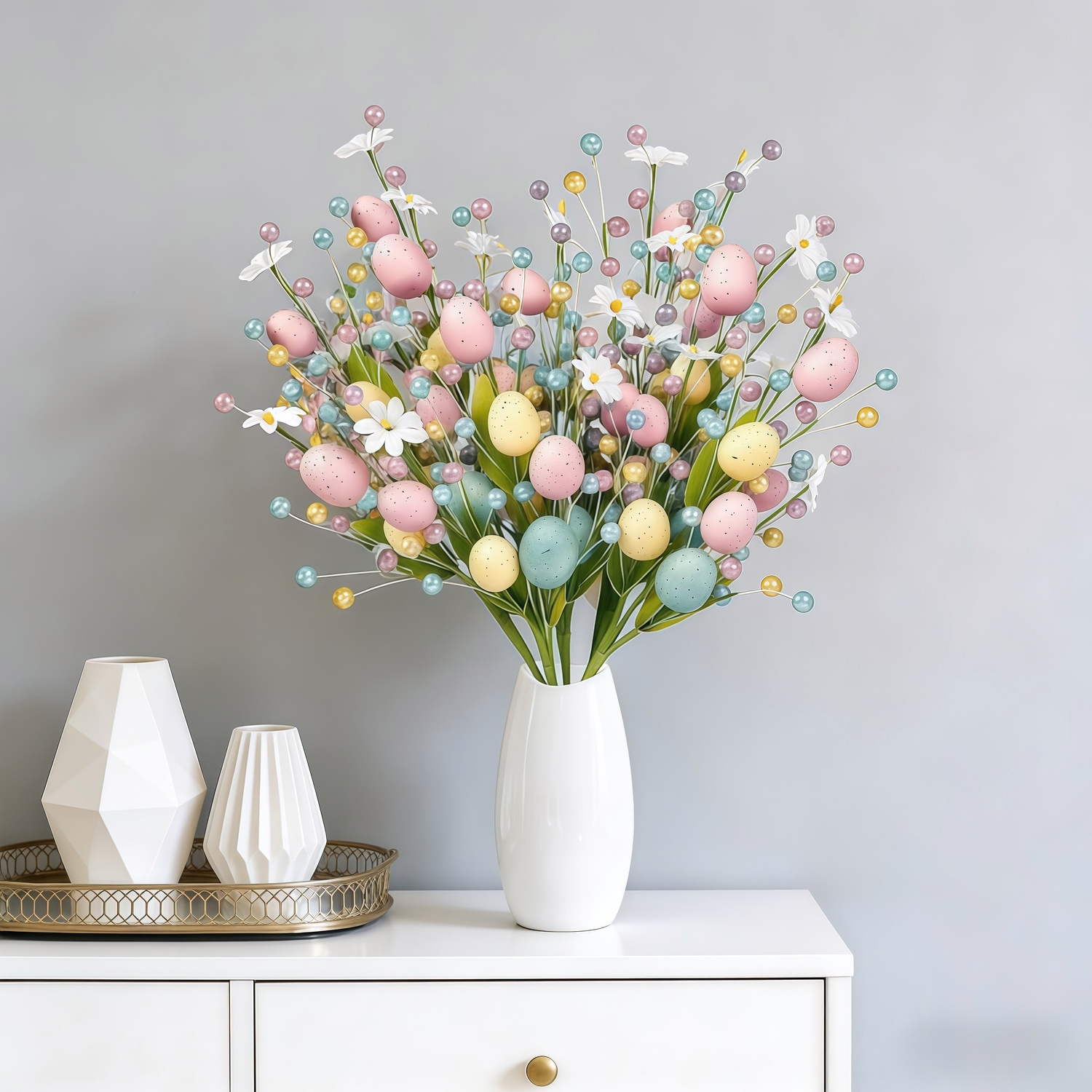 Set of 2 Artificial Easter Egg Berry Stems – Colorful Spring Picks with Pastel Eggs, Berries & Leaves for Vase Decor, Table Centerpieces & Mantel Styling (Indoor/Outdoor)