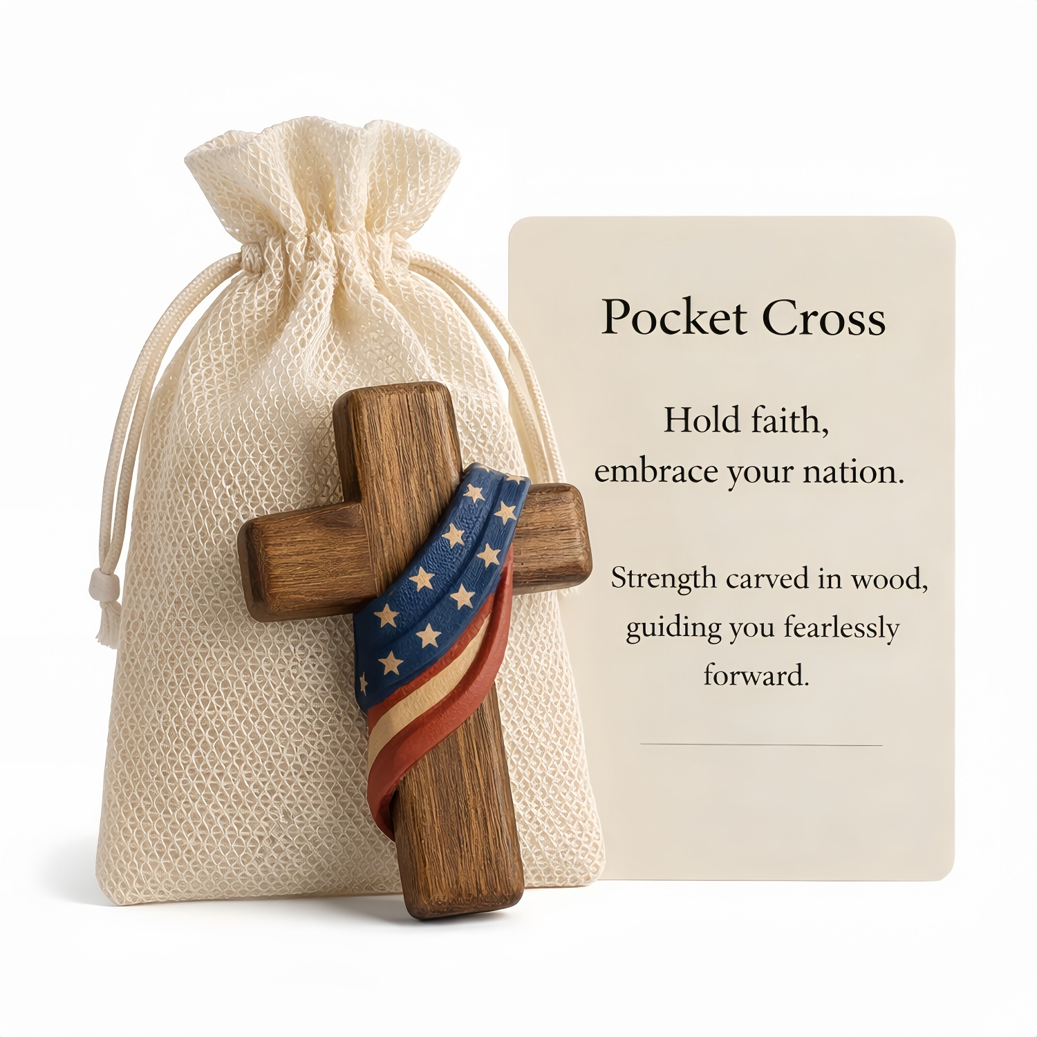 Hand-Carved Walnut Wood Pocket Prayer Cross with Card & Mesh Bag