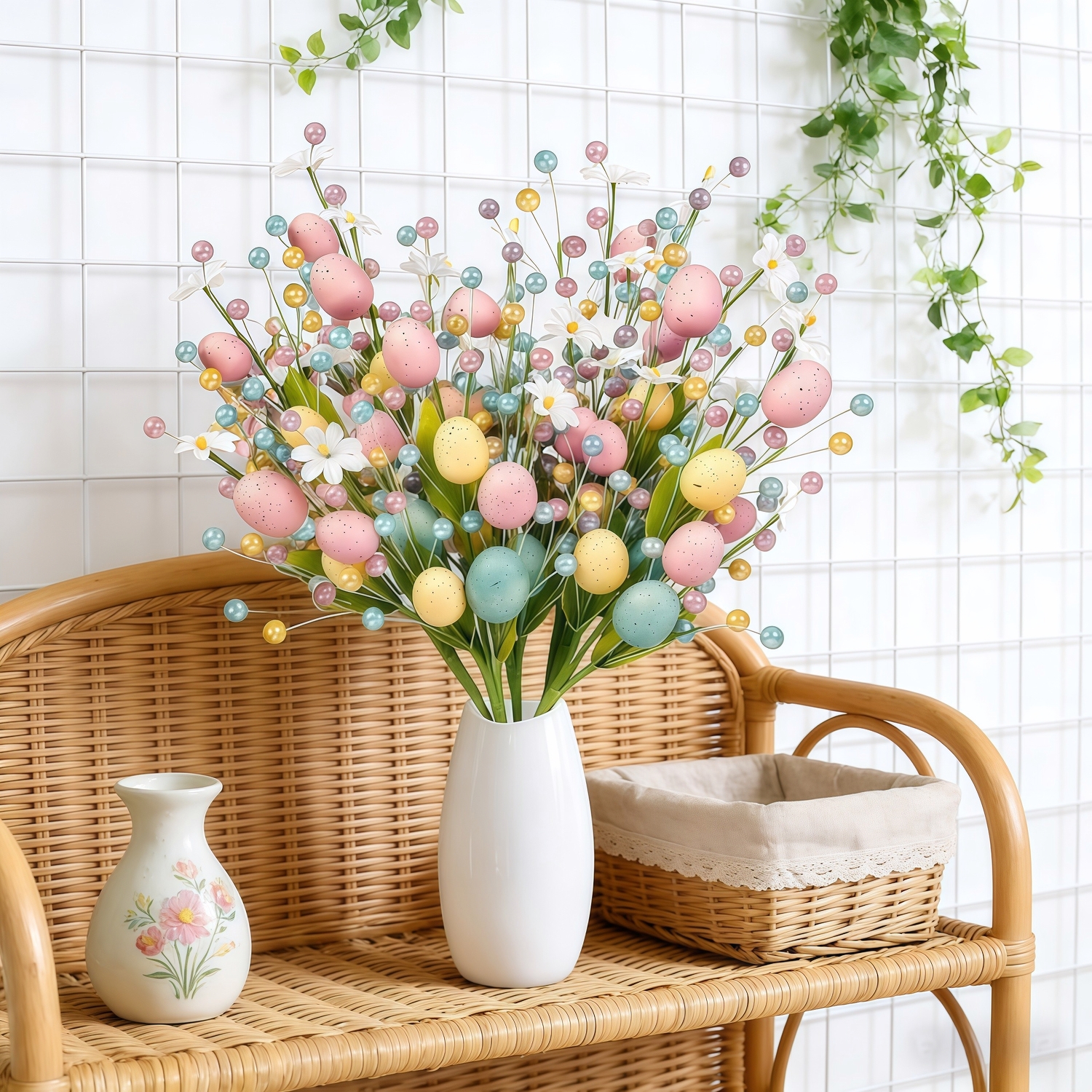 Set of 2 Artificial Easter Egg Berry Stems – Colorful Spring Picks with Pastel Eggs, Berries & Leaves for Vase Decor, Table Centerpieces & Mantel Styling (Indoor/Outdoor)