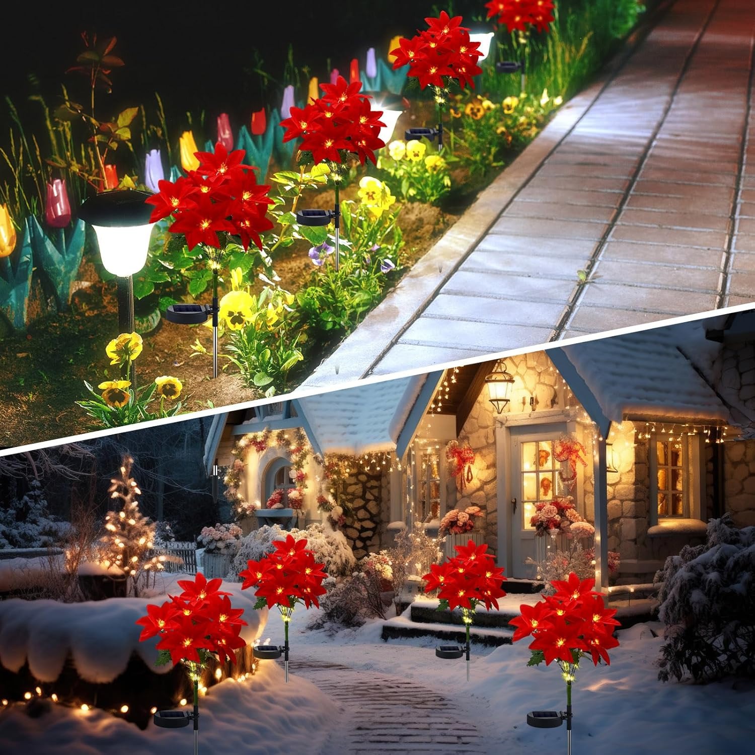Christmas Solar Poinsettia Flower Lights – Waterproof Outdoor LED Holiday Pathway Decor