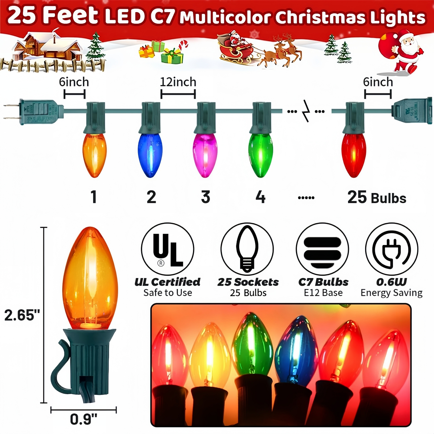 25FT Vintage C7 LED Multicolor Christmas Lights with 25 Shatterproof Bulbs
