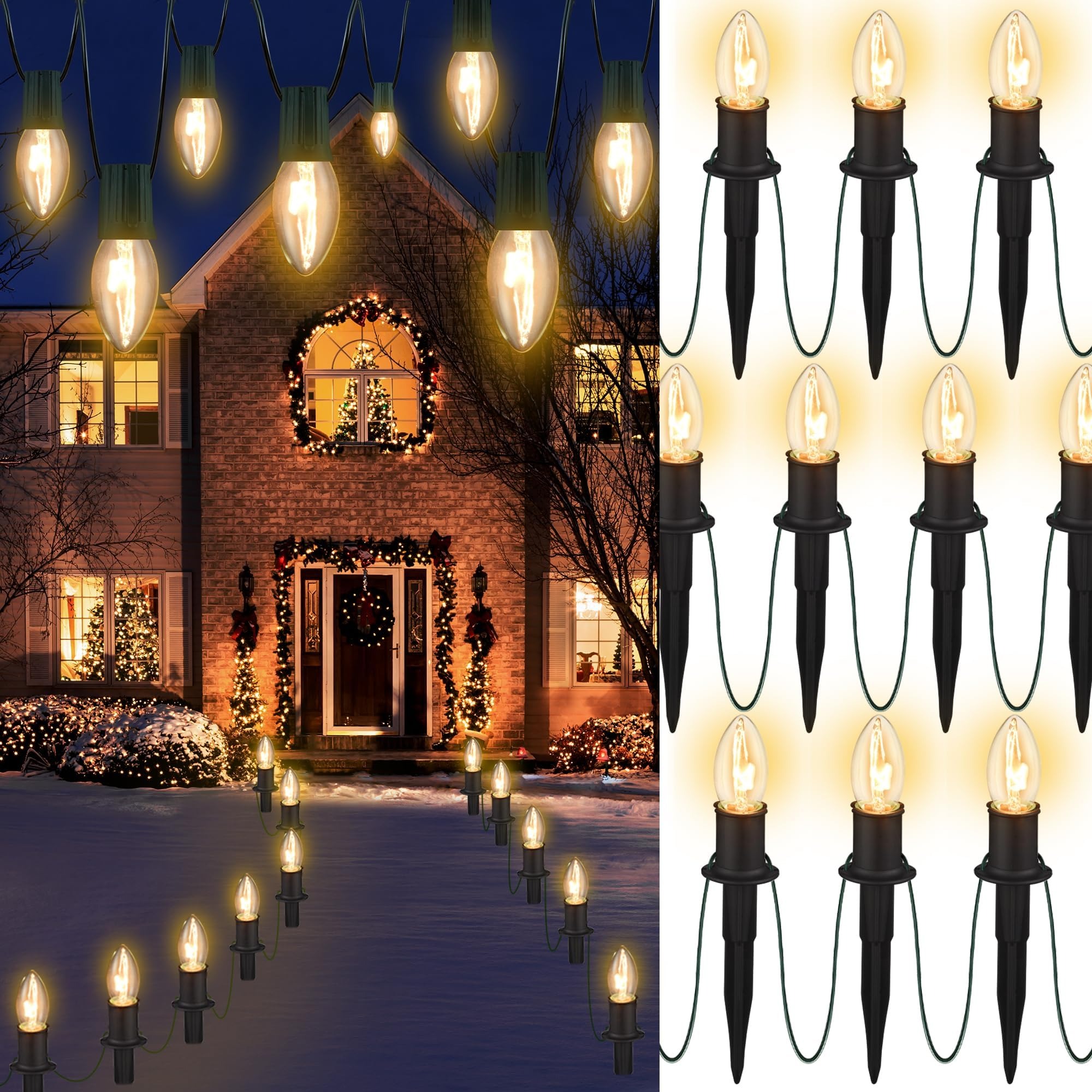 Outdoor Warm Christmas Pathway Lights – 24.2FT C9 LED Walkway String Lights with 20 Stakes