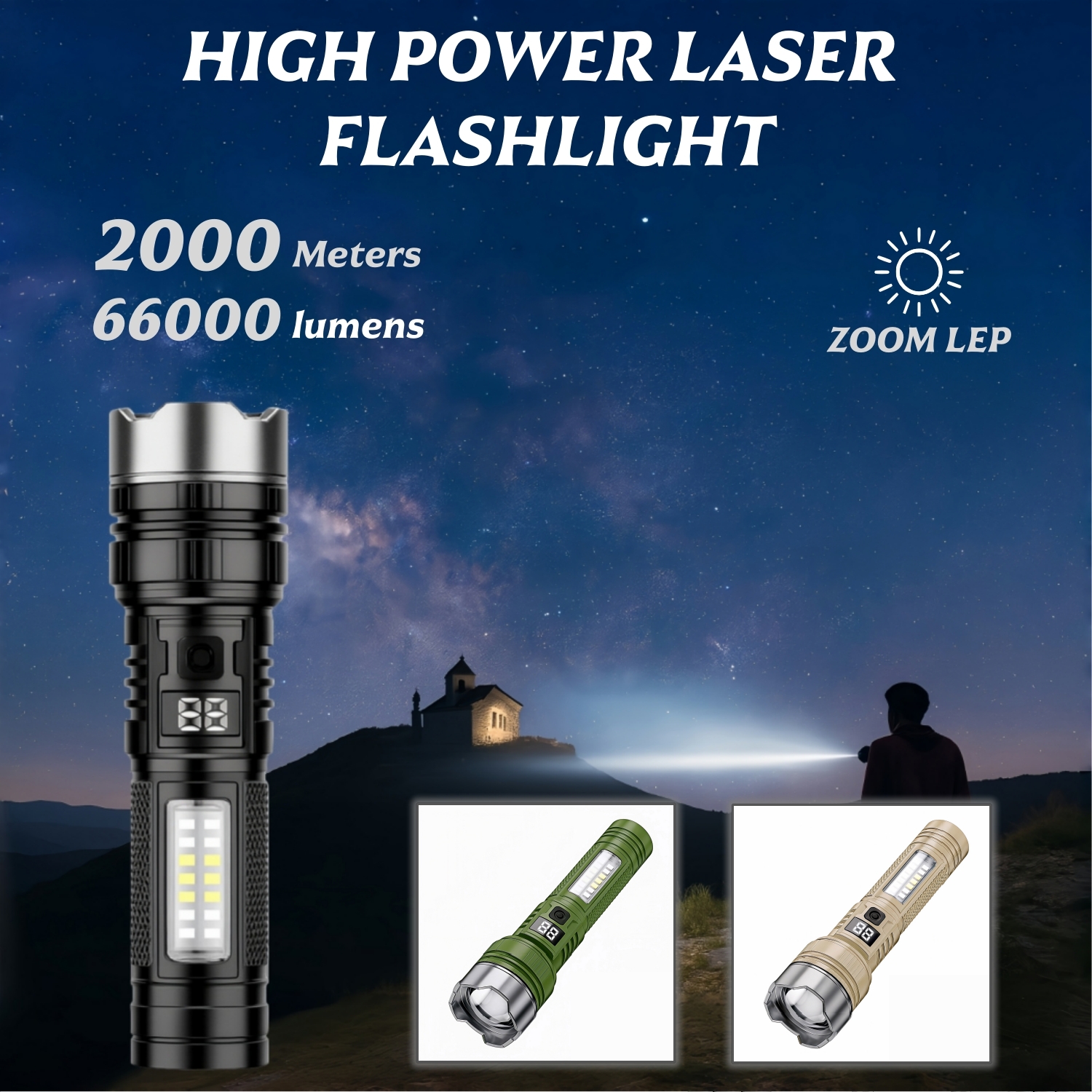 Laser Tactical High-Lumen Flashlight, 66000 Lumens Waterproof Compact Handheld Rechargeable Flashlight