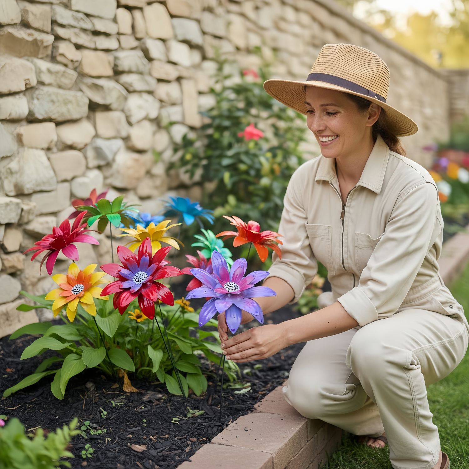 Rustic Metal Colorful Flowers Garden Stakes