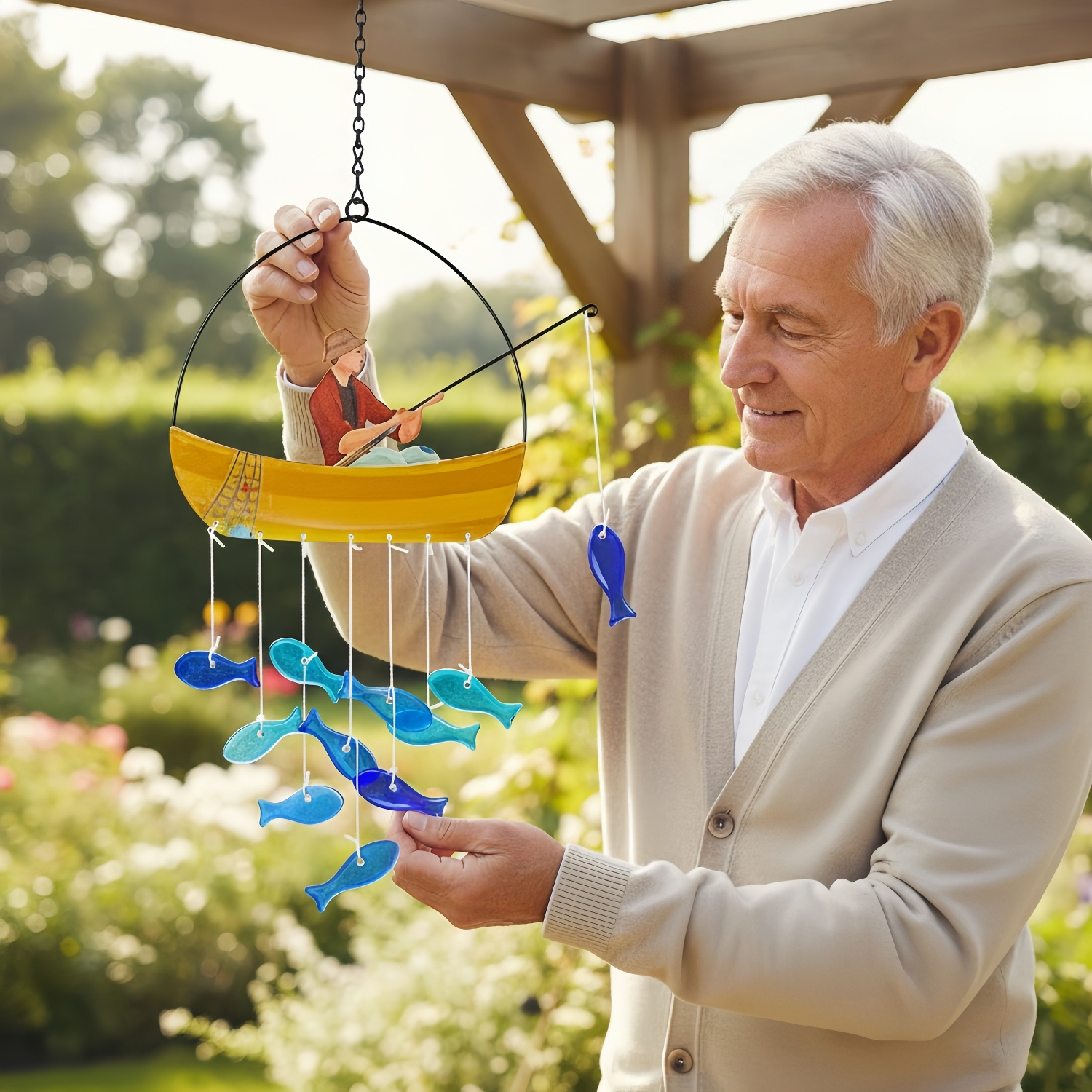 Stained Glass Fisherman Boat Wind Chime with Hanging Blue Fish