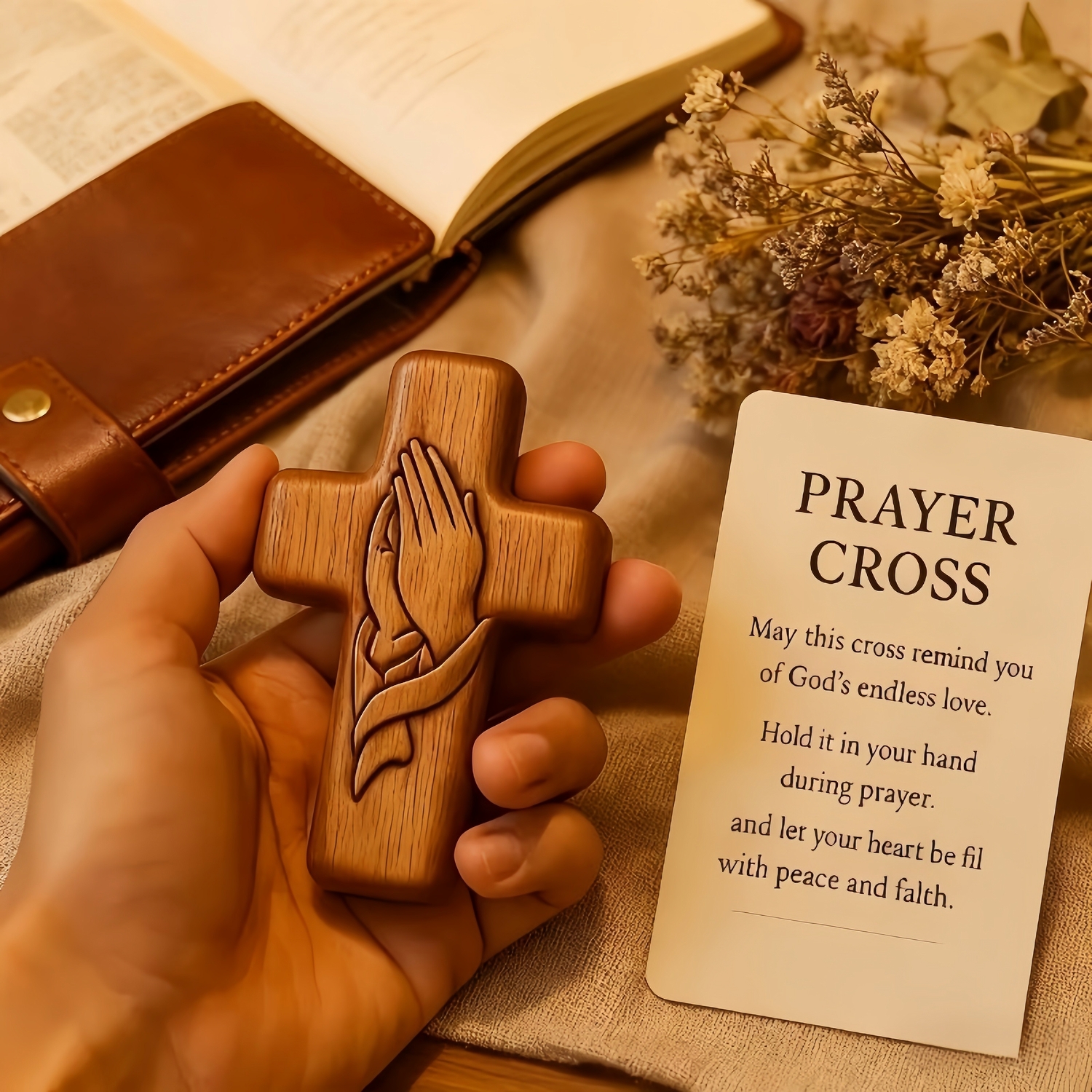 Hand-Carved Walnut Wood Pocket Prayer Cross with Card & Mesh Bag
