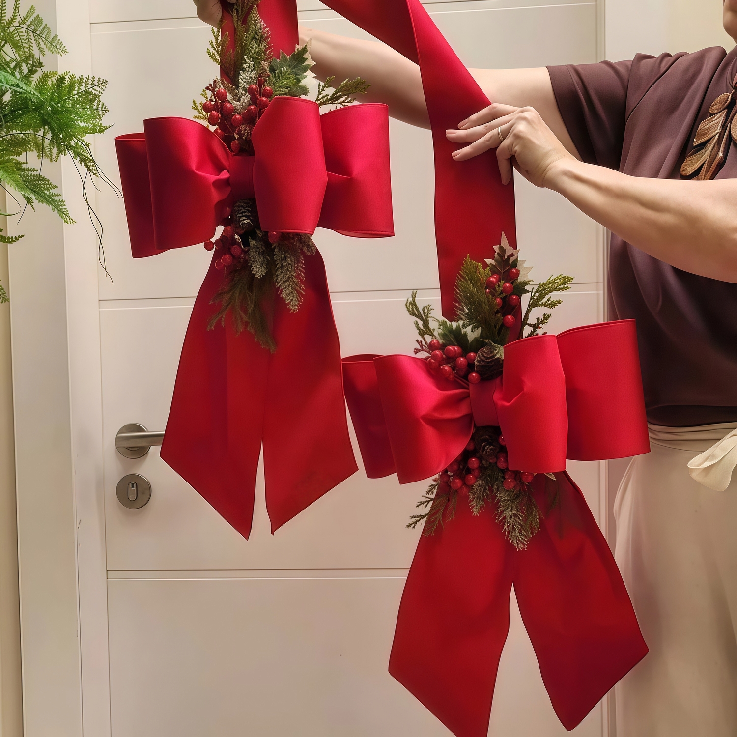 🎄Early Christmas Sale🔥Christmas Double Velvet Bow Ribbon with Holiday Greenery & Berries