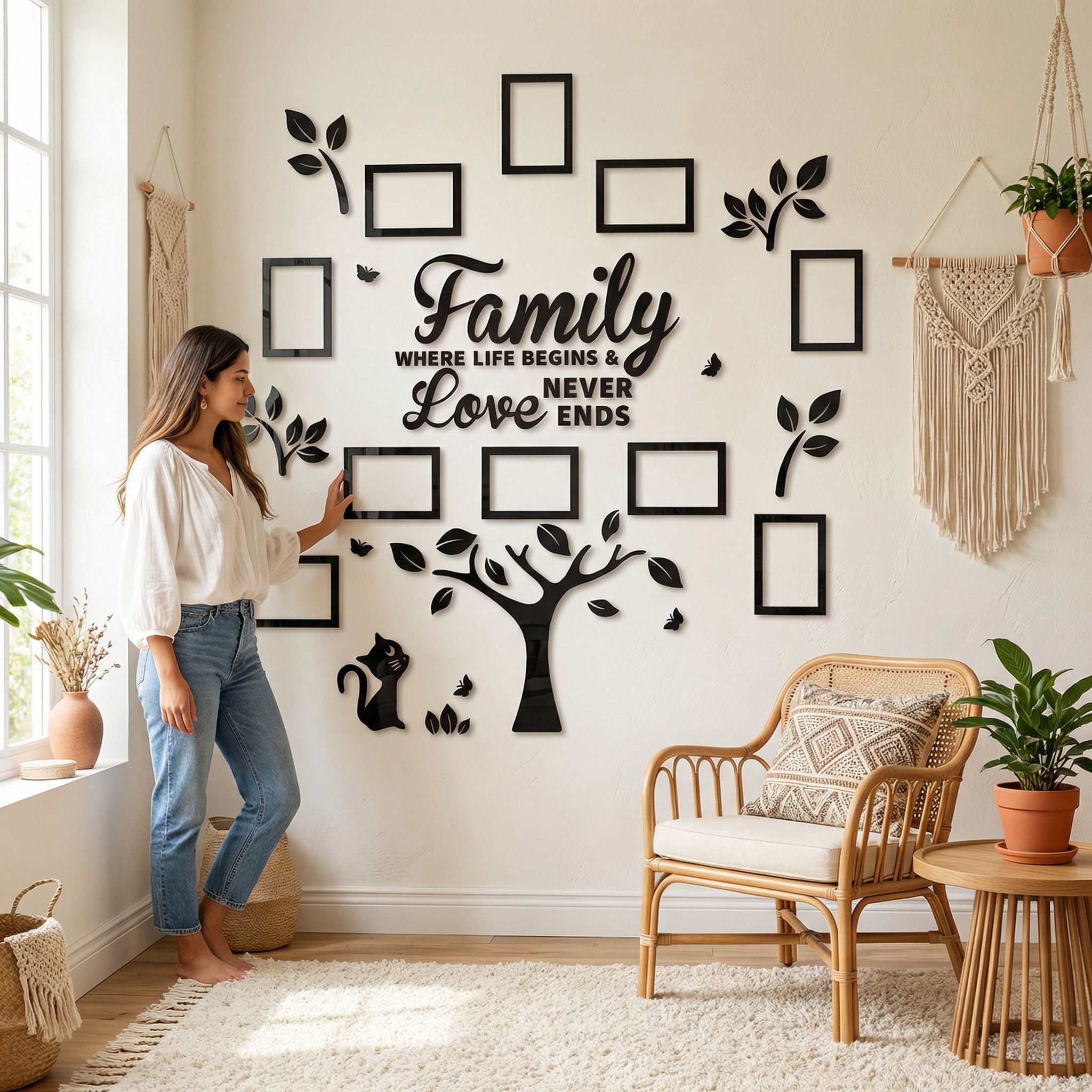 Family Tree Mirror Wall Art Set with Photo Frames – "Family Where Life Begins & Love Never Ends" Boho Cat Gallery Wall Décor