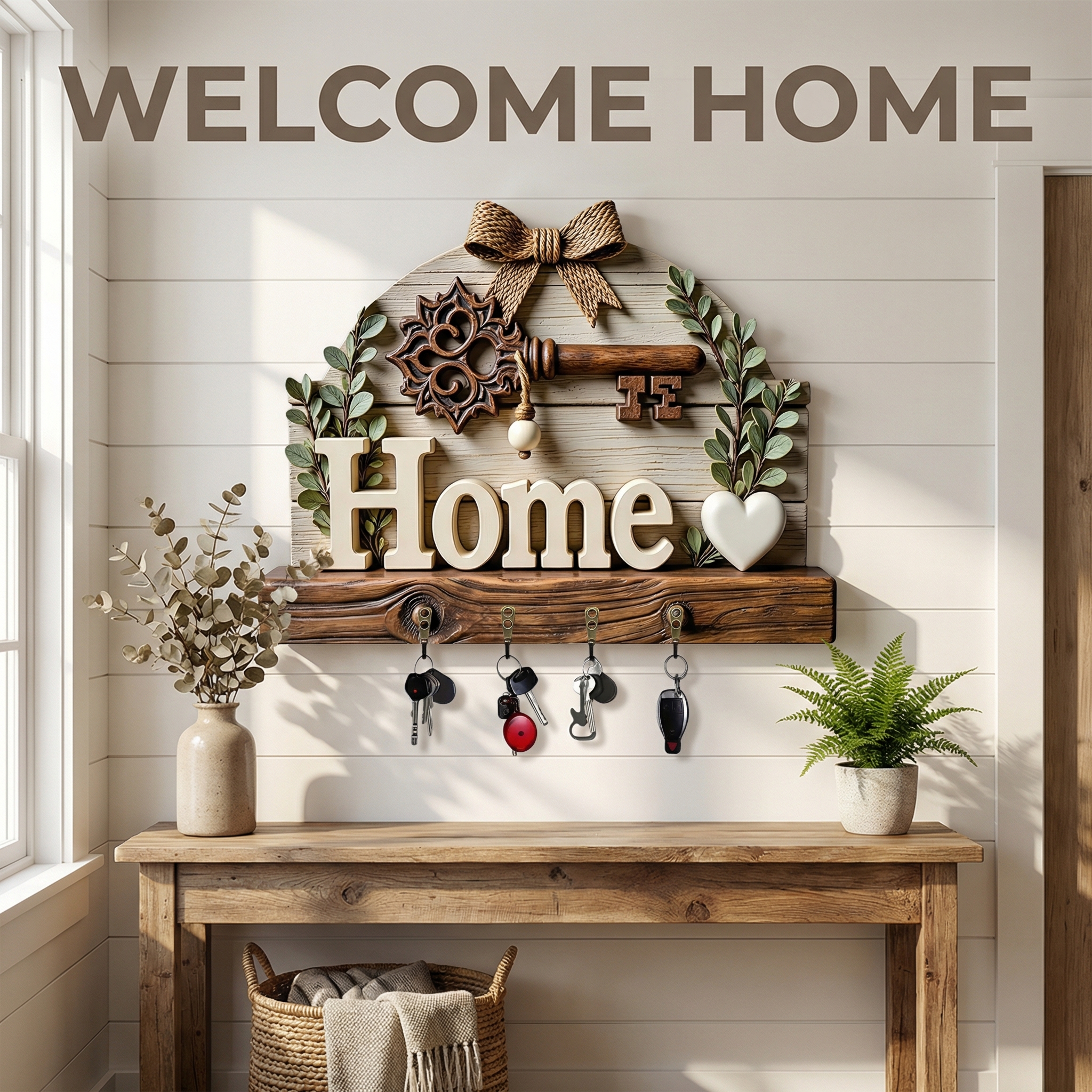 Home Wooden Key Holder Wall Decor with Hooks
