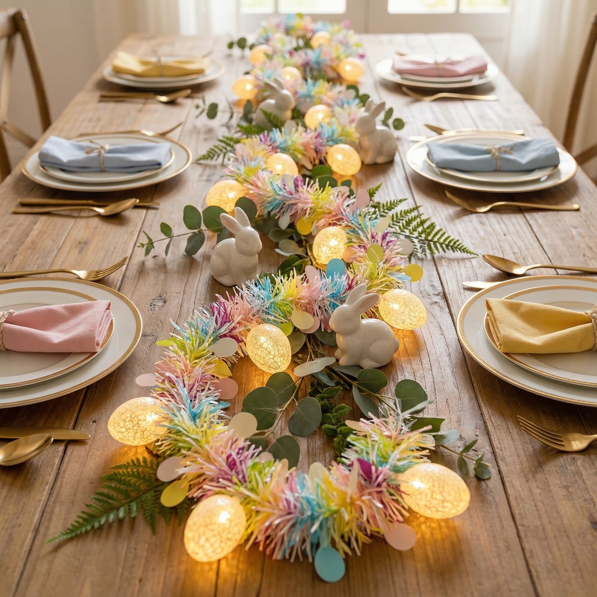 6.56FT Rainbow Easter Tinsel Garland with Egg String Lights