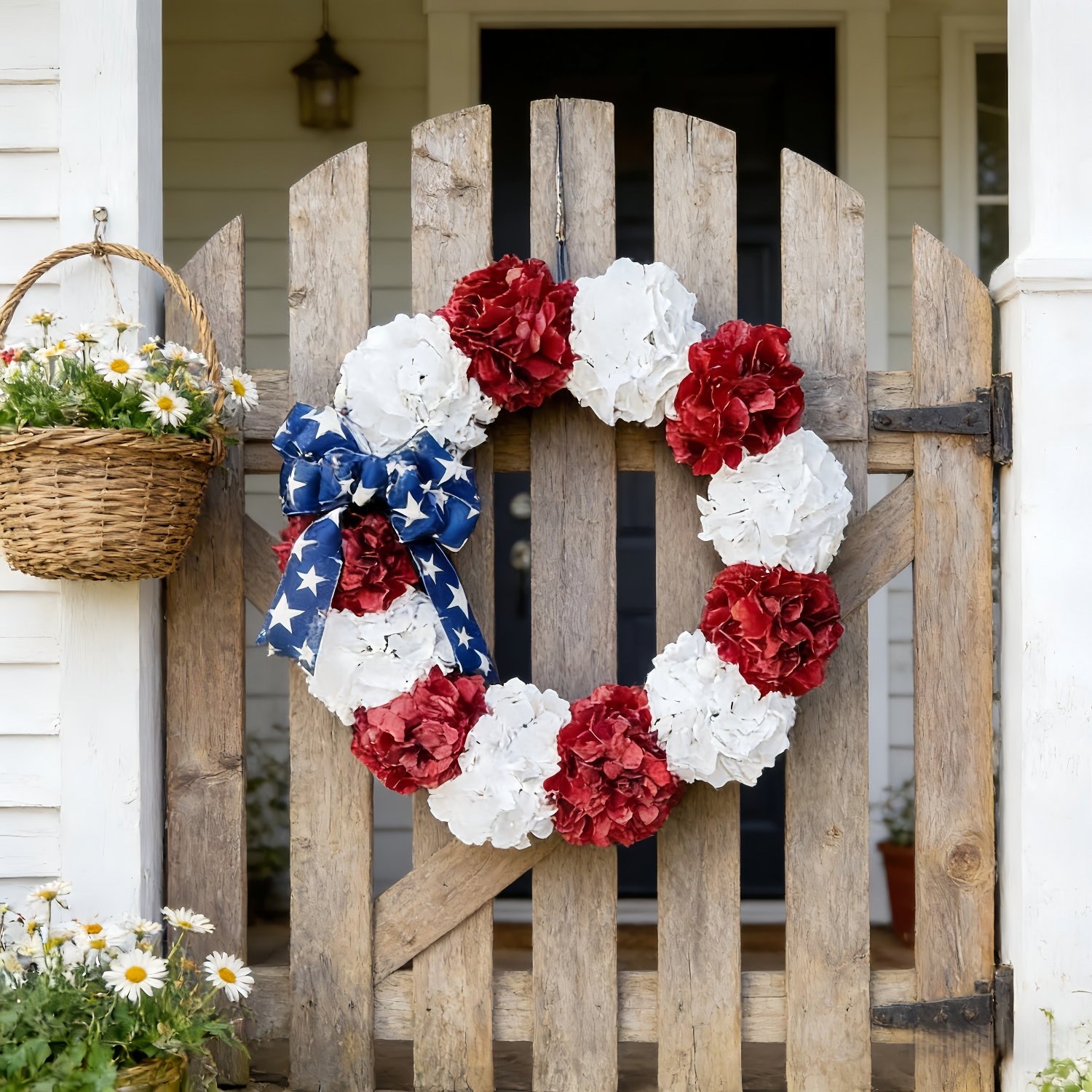 Patriotic Red White Blue Wreath for Front Door, Large Artificial Hydrangea Wreath with Star Bow, 4th of July Independence Day Outdoor Decor, Memorial Day Porch Decoration