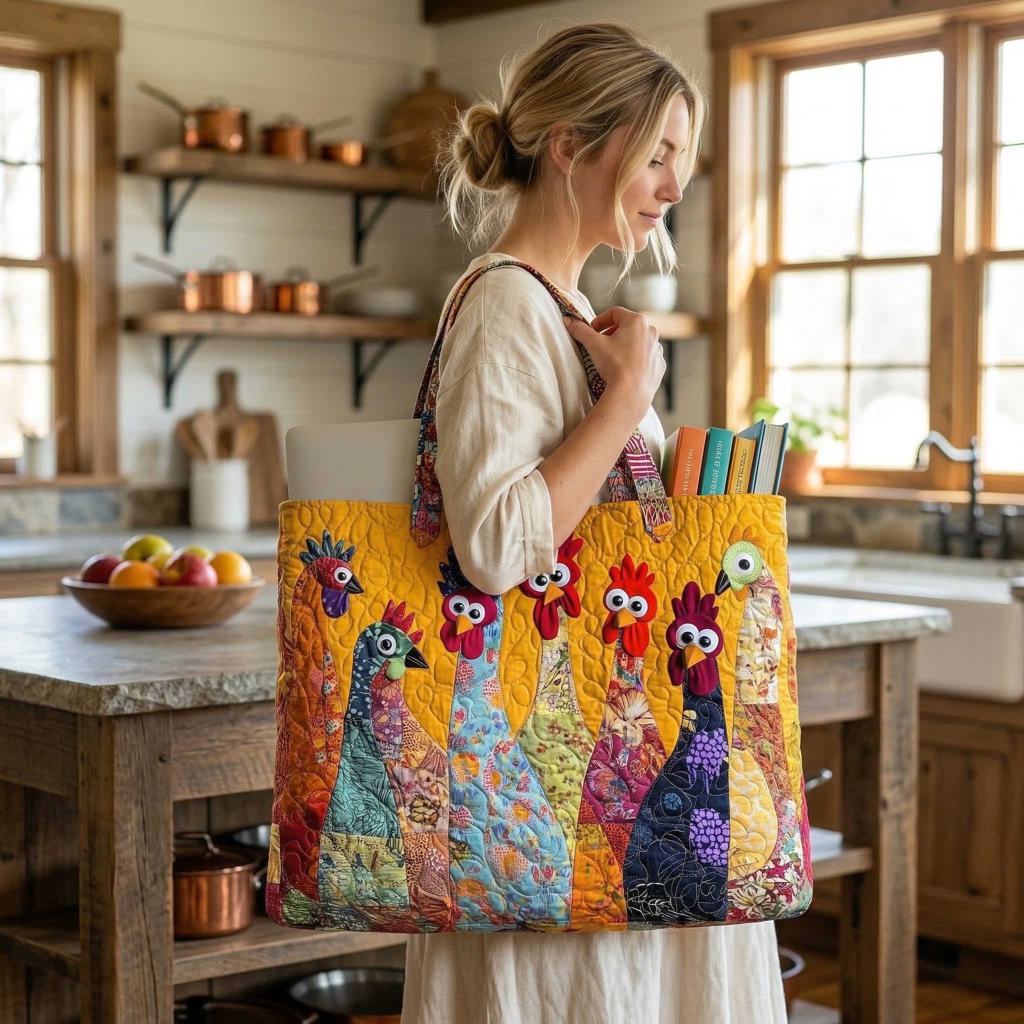 Colorful Chicken Patchwork Quilted Tote Bag