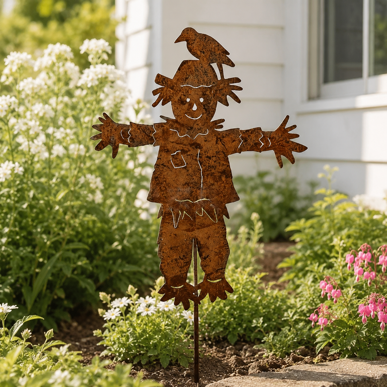 Rustic Metal Scarecrow Garden Stake with Crow
