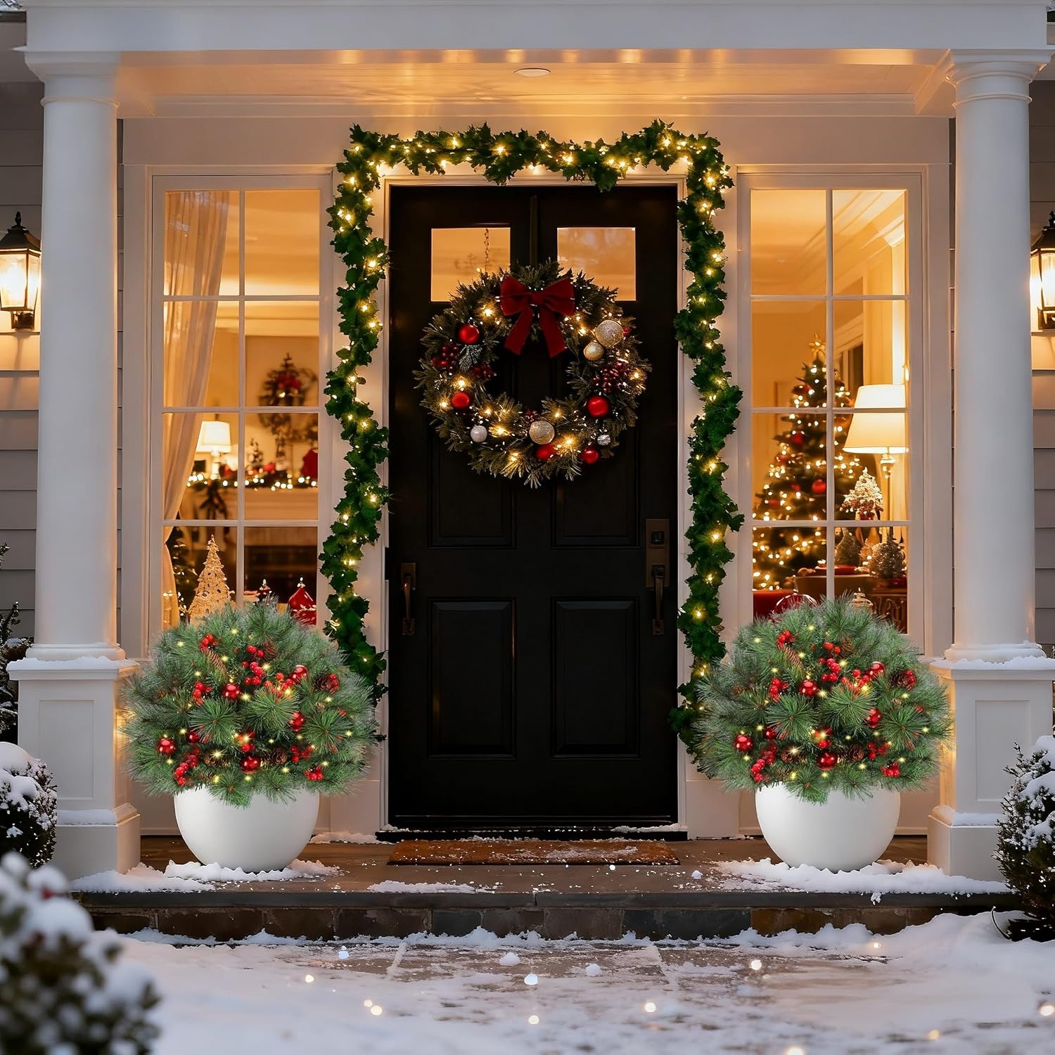 2025 New Pre-Lit Christmas Urn Filler with Pine Cones, Red Berries & Ornament Balls