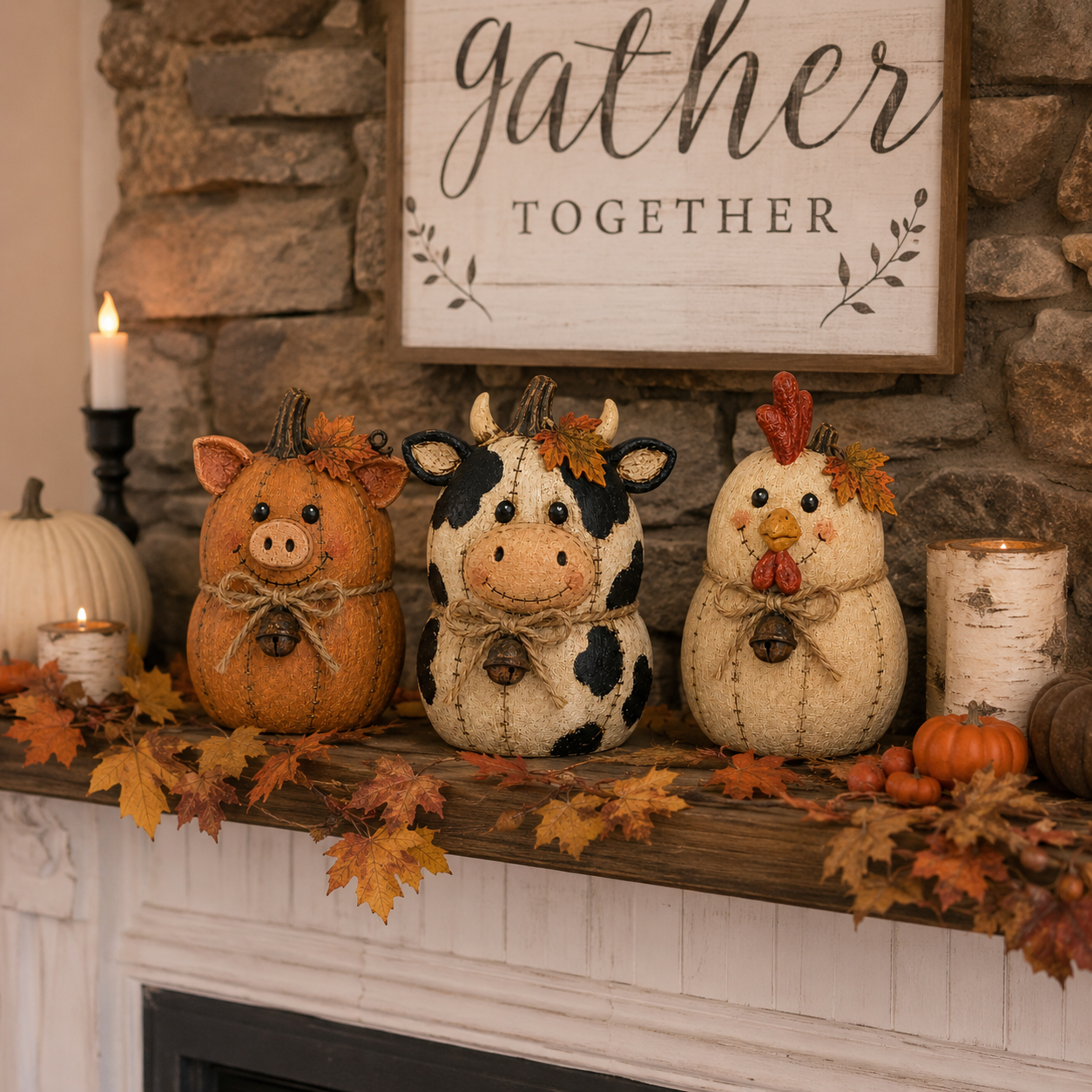 Rustic Farm Pumpkin Friends arranged on an autumn fireplace mantel