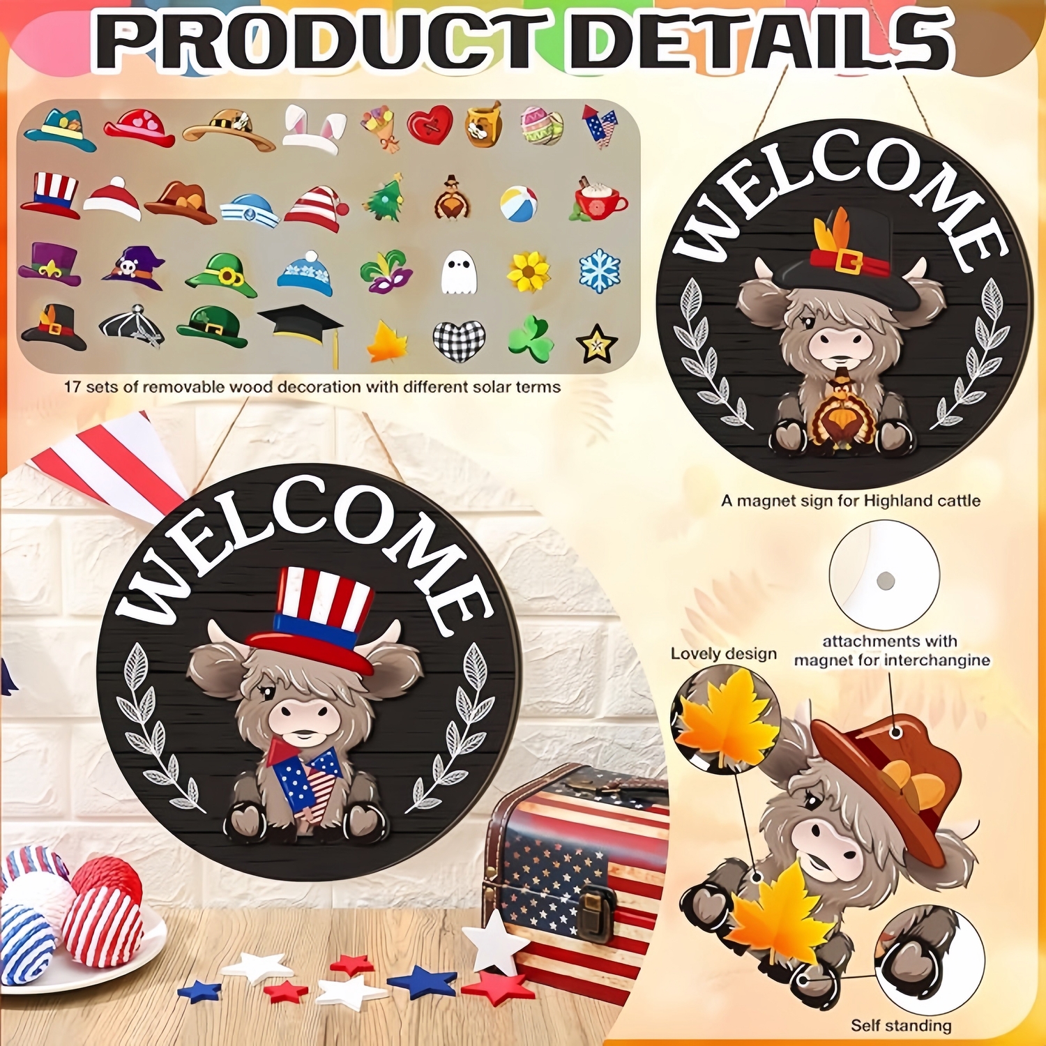 35Pcs Highland Cow Sign Interchangeable Welcome Sign