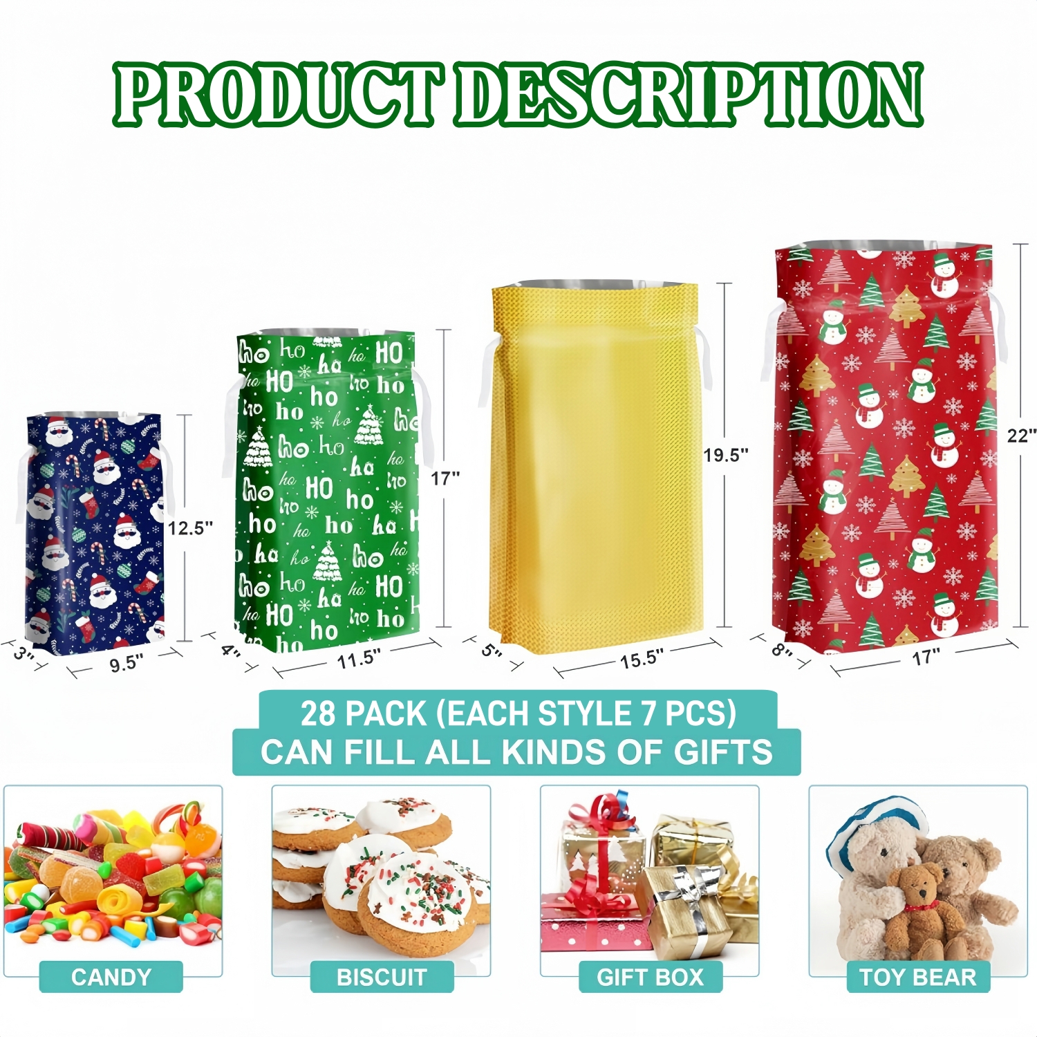 Christmas Drawstring Gift Bags (28 Pack + 30 kraft Tags)