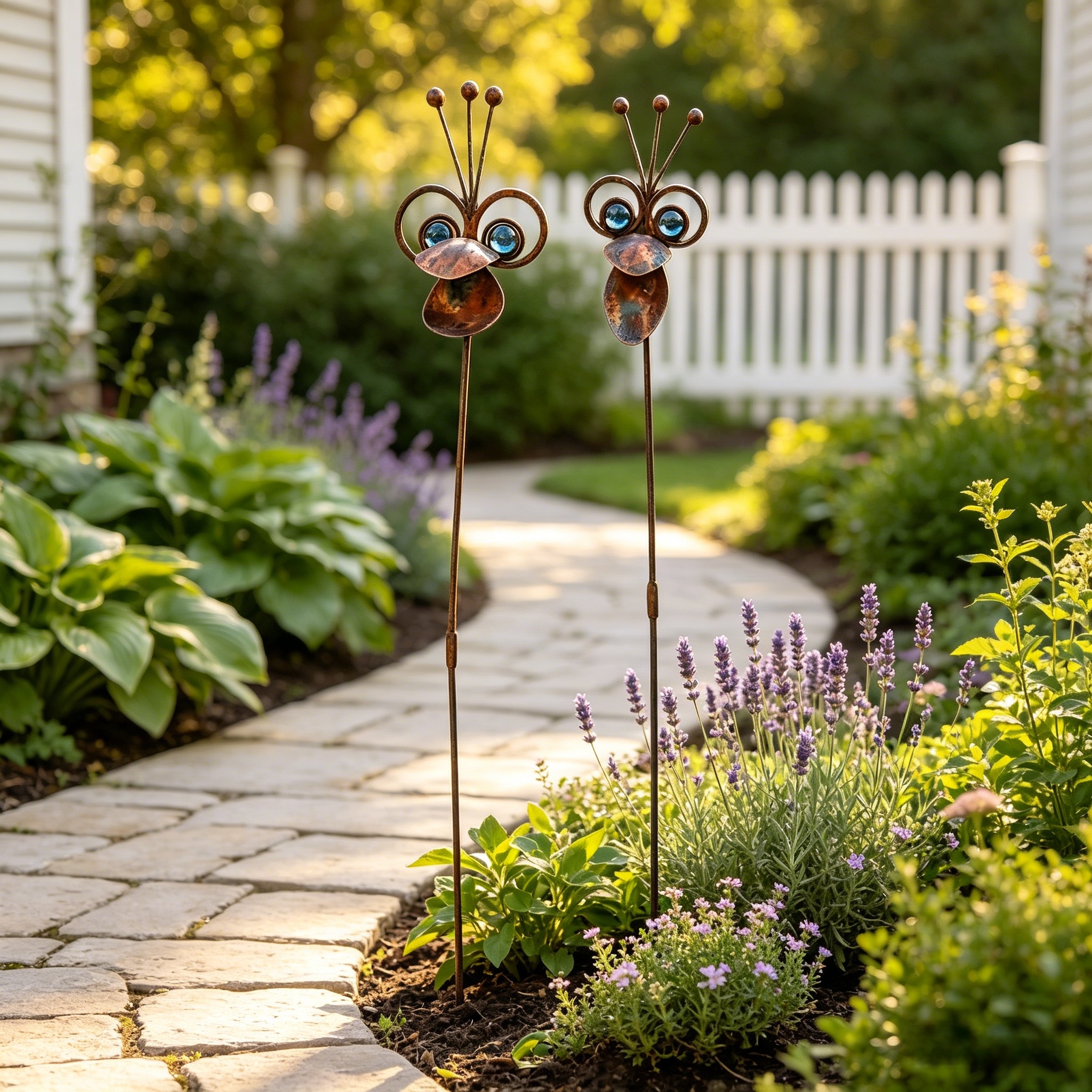 Set of 2 Rustic Iron Toucan Garden Stakes, 25.2" Tall Vintage Outdoor Decor with Gem Eyes