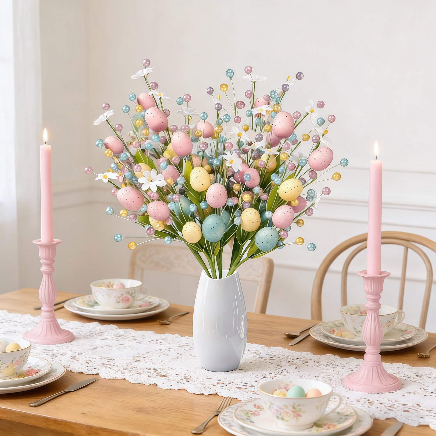 Set of 2 Artificial Easter Egg Berry Stems – Colorful Spring Picks with Pastel Eggs, Berries & Leaves for Vase Decor, Table Centerpieces & Mantel Styling (Indoor/Outdoor)