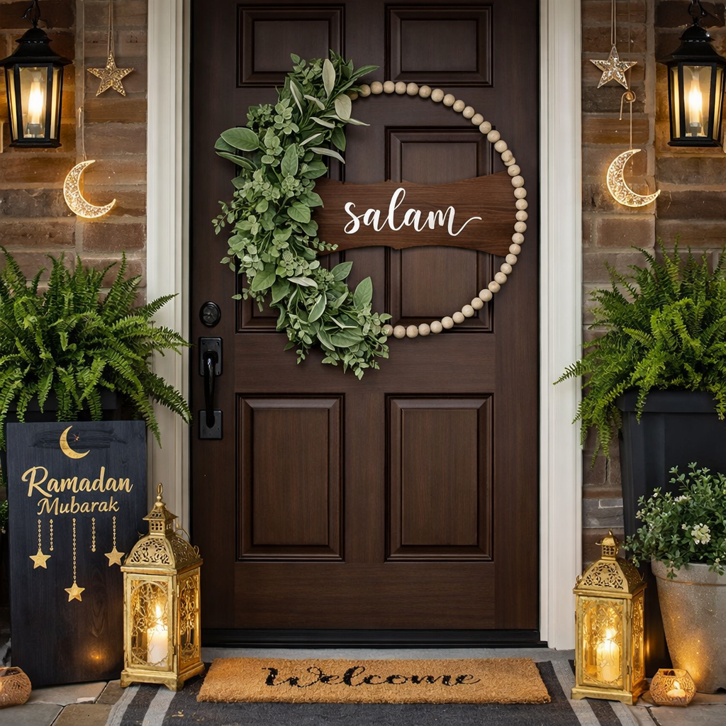 Ramadan Mubarak Wreath for Front Door – Greenery Decor for Ramadan & Eid