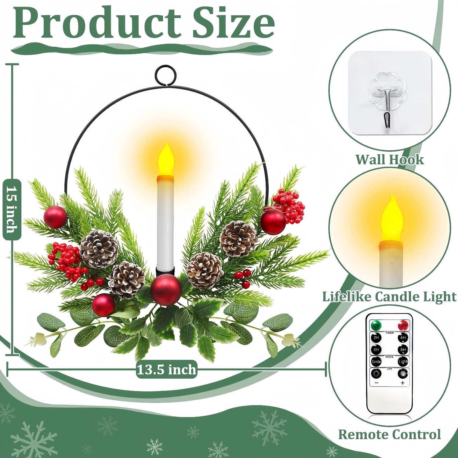 2025 Christmas Front Door & Window Candles Wreaths with Timer Remote