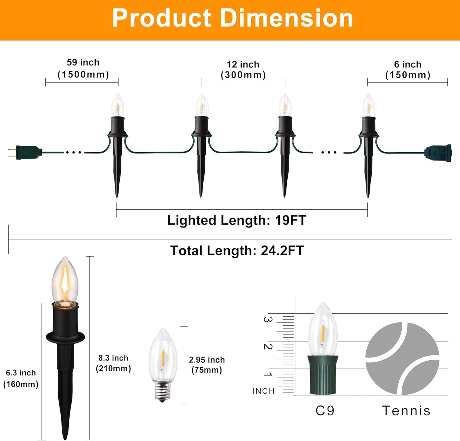 Outdoor Warm Christmas Pathway Lights – 24.2FT C9 LED Walkway String Lights with 20 Stakes