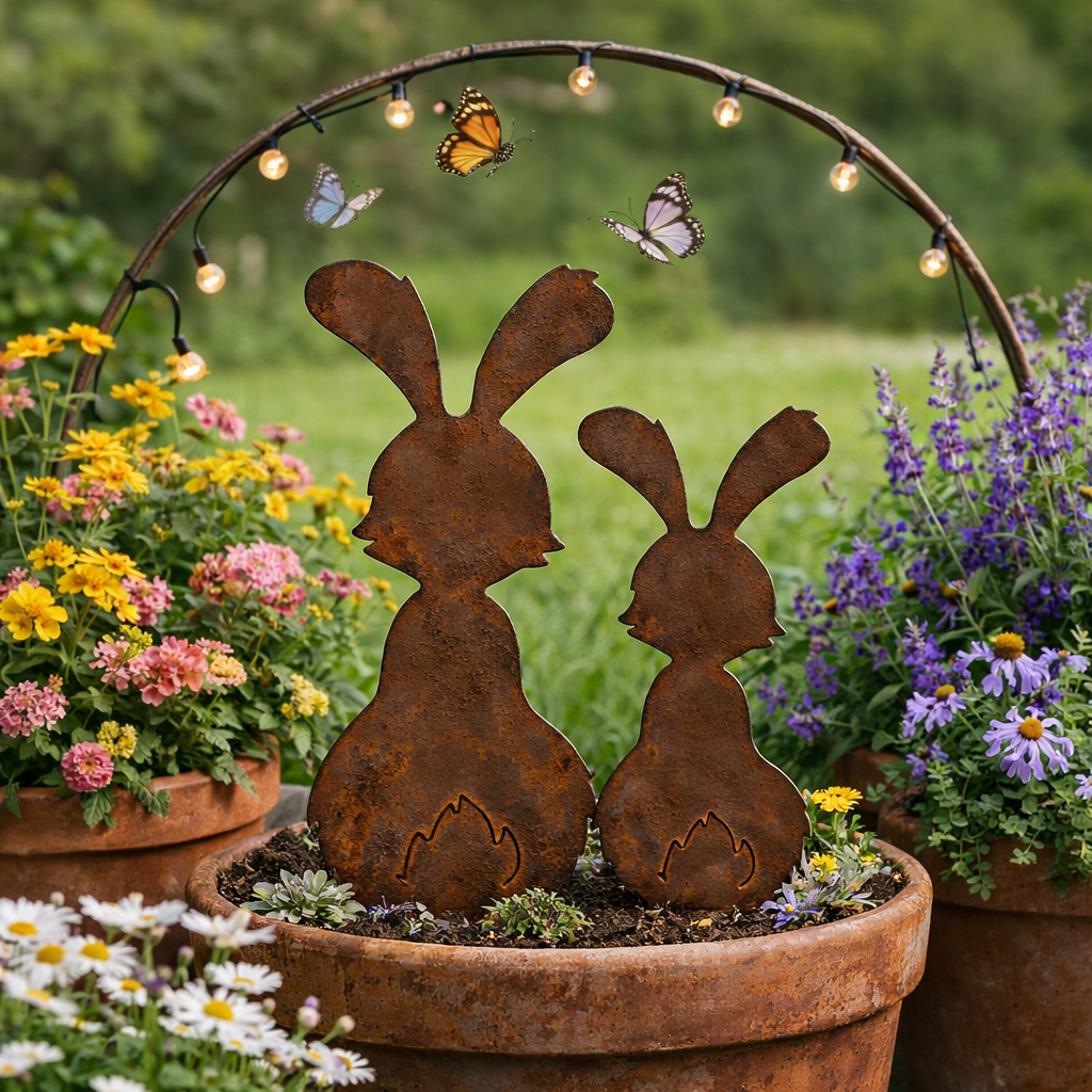 Rustic Metal Bunny Garden Stakes