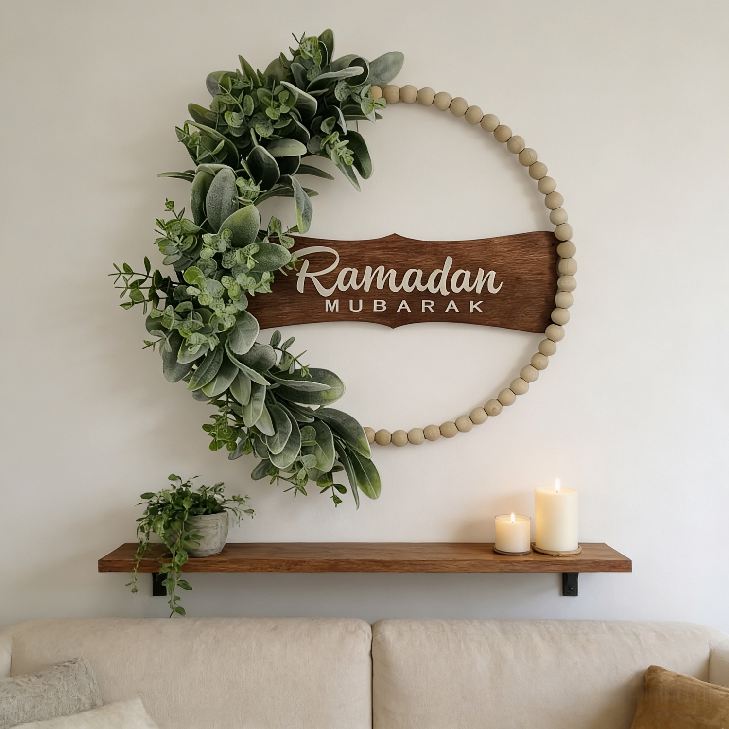 Ramadan Mubarak Wreath for Front Door – Greenery Decor for Ramadan & Eid