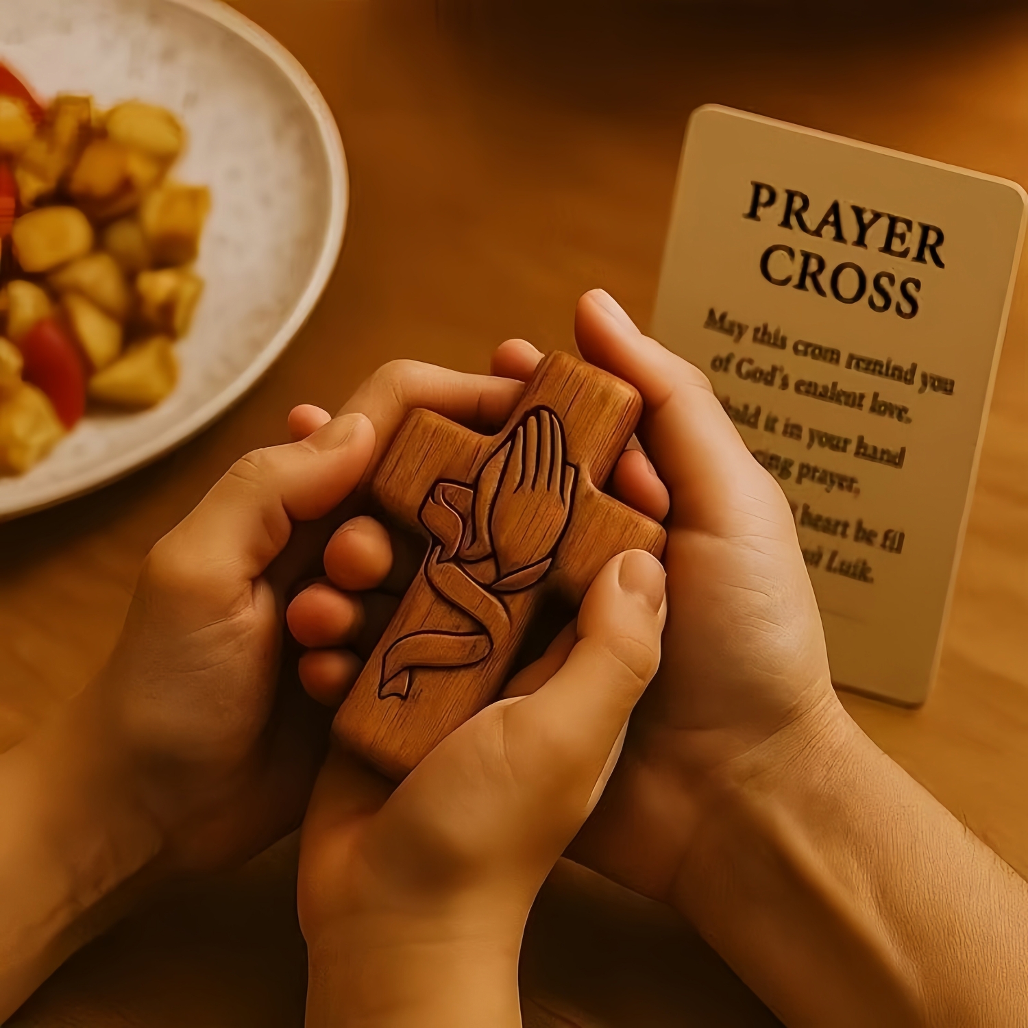 Hand-Carved Walnut Wood Pocket Prayer Cross with Card & Mesh Bag