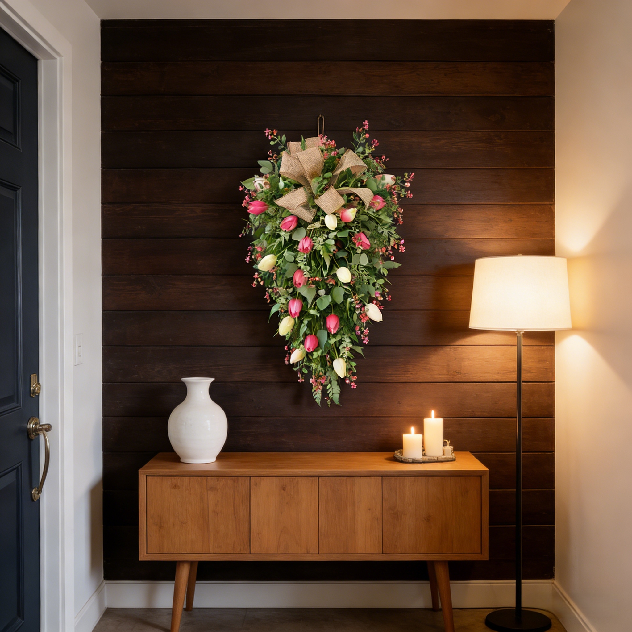 Artificial Tulip Door Swag with Greenery Leaves and Burlap Bow