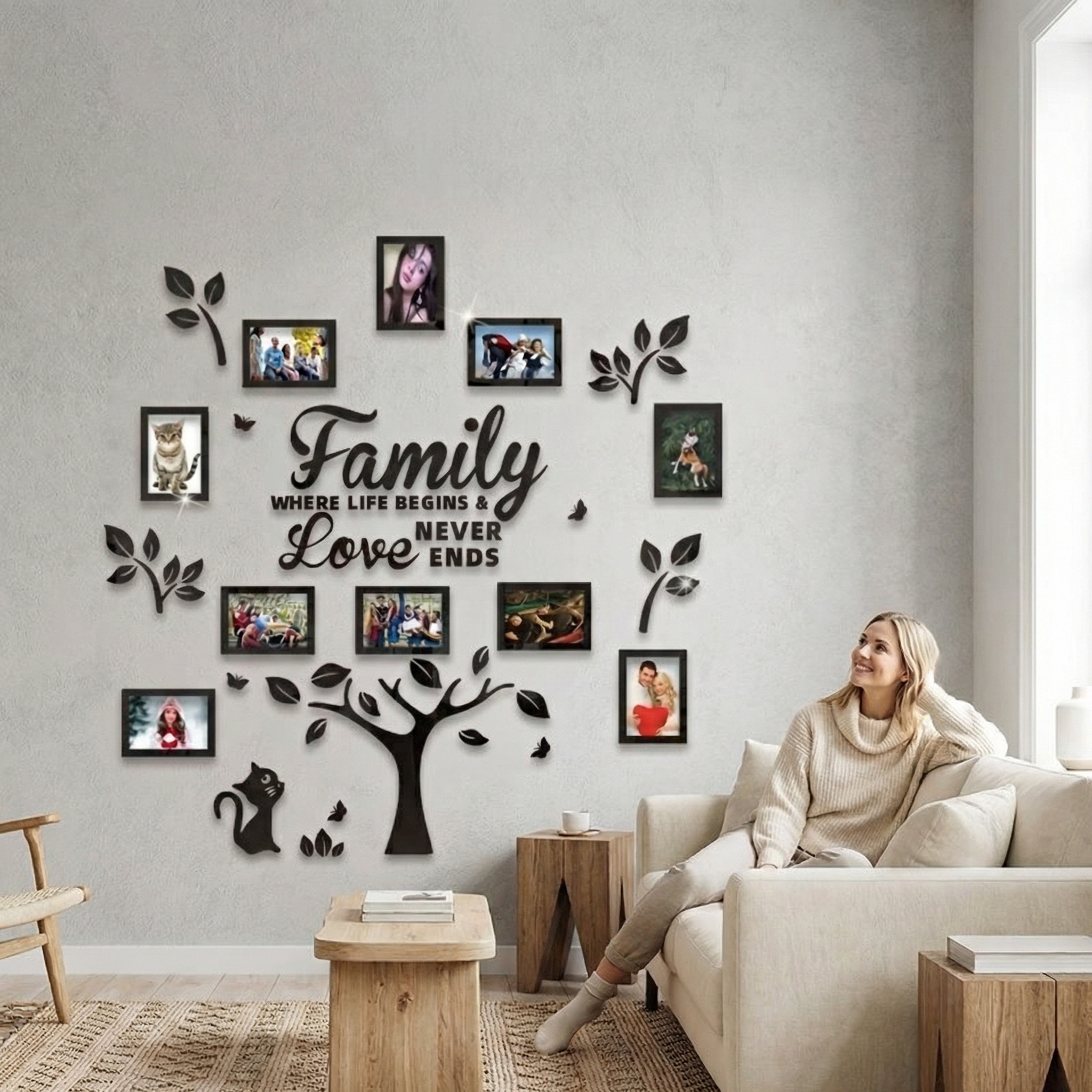 Family Tree Mirror Wall Art Set with Photo Frames – "Family Where Life Begins & Love Never Ends" Boho Cat Gallery Wall Décor