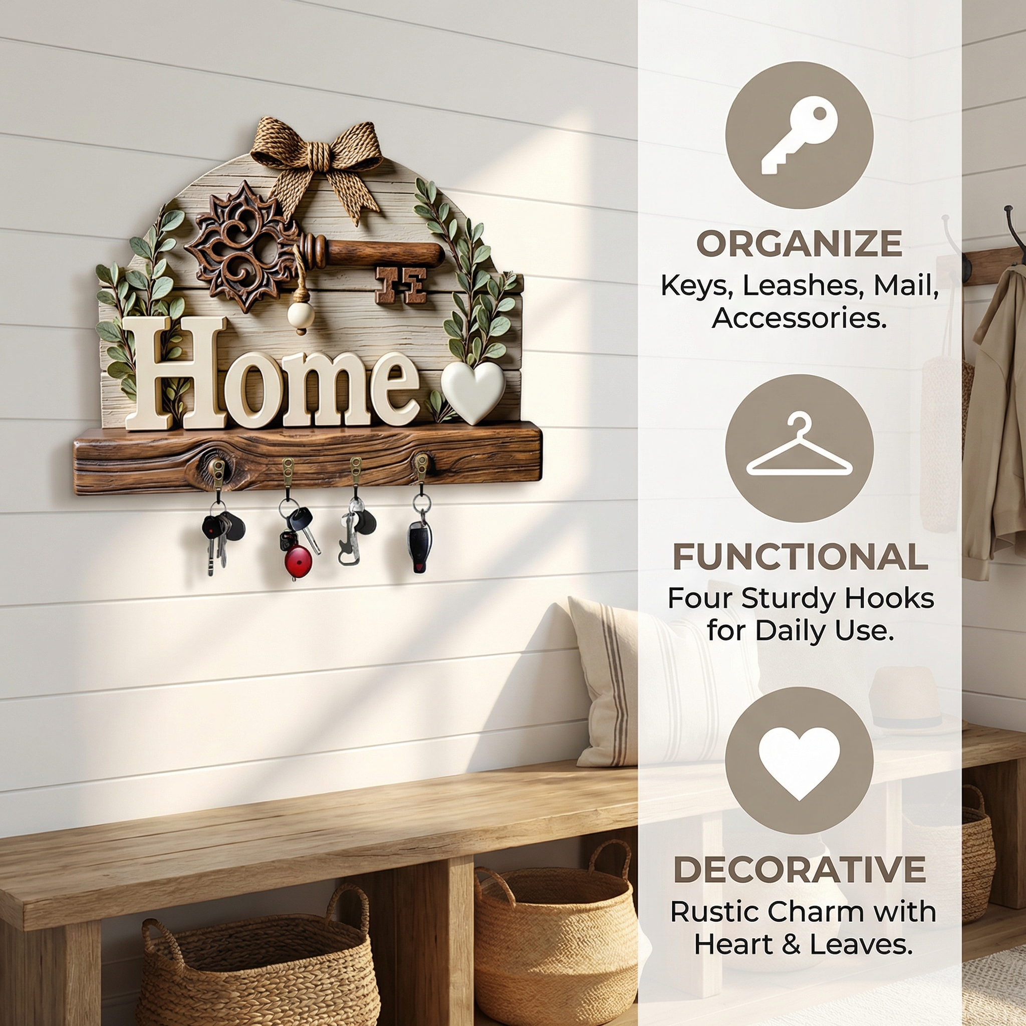 Home Wooden Key Holder Wall Decor with Hooks