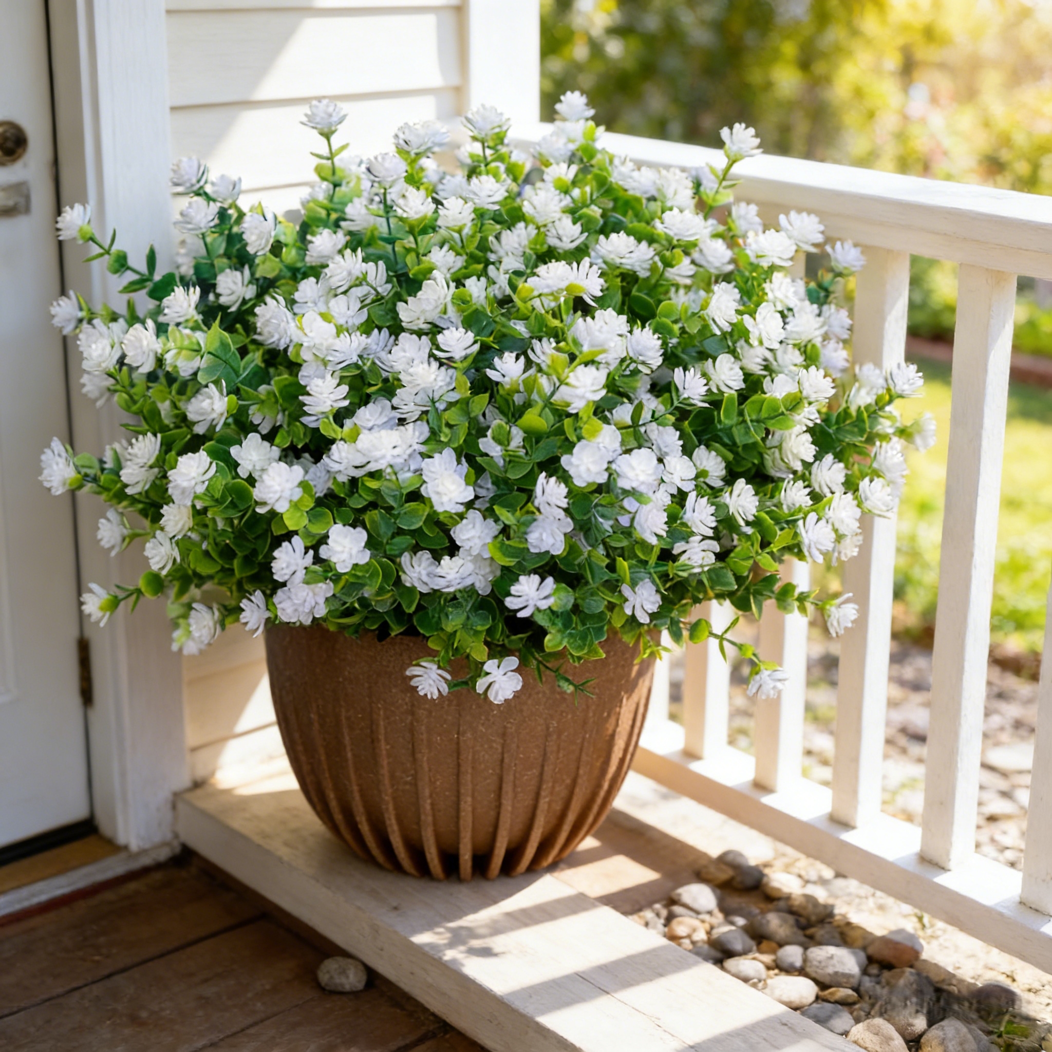 Artificial White Outdoor Flower Bouquets – UV Resistant Faux Spring Flowers for Outdoor Porch, Garden & Patio Decor