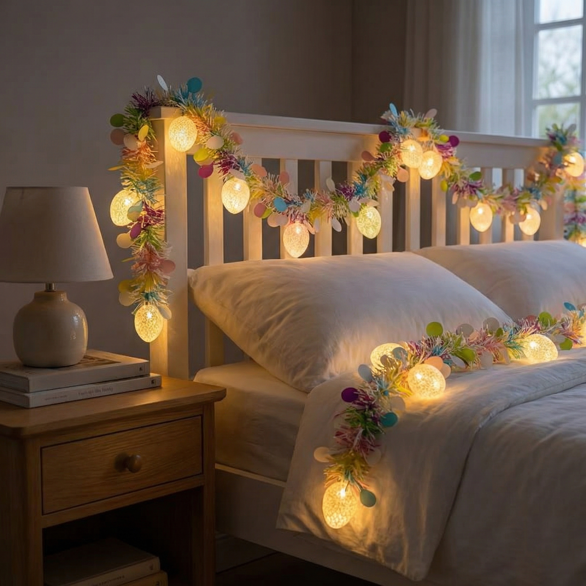 6.56FT Rainbow Easter Tinsel Garland with Egg String Lights