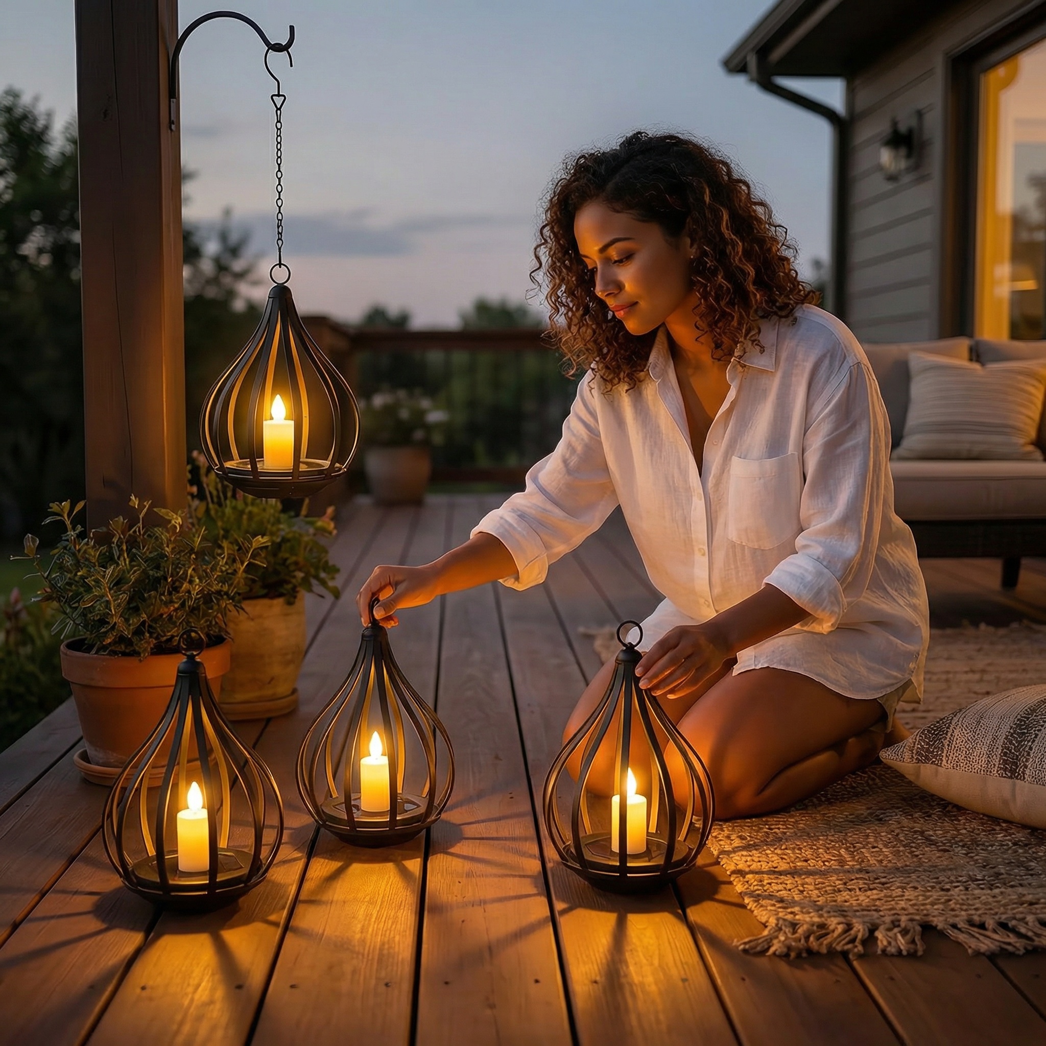 Solar Outdoor Pendant Light, Teardrop Candle Lantern Pathway Light with Pole, Warm White Flickering Flame Effect