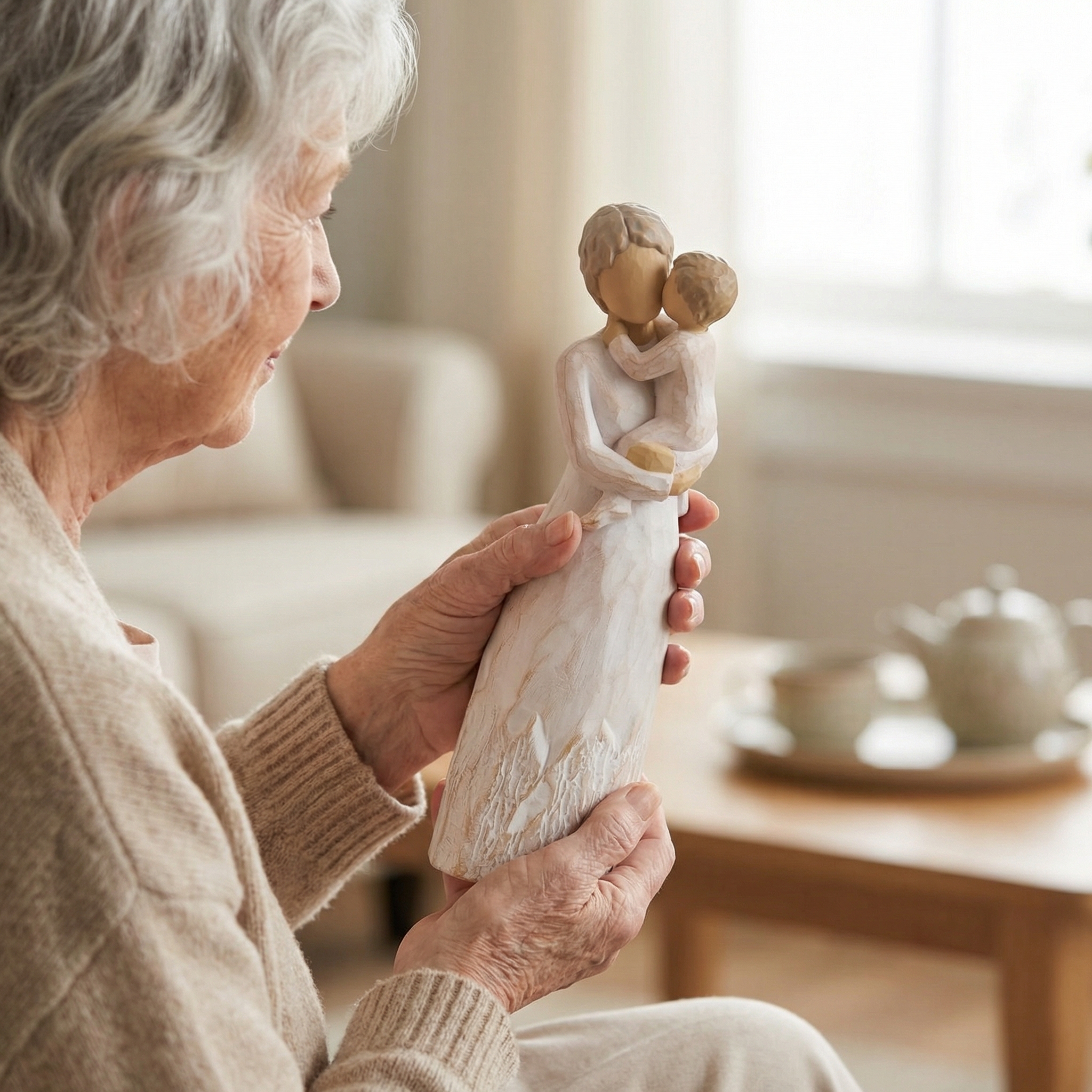 Grandma & Grandchild Figurine – First Time Grandma Gift, Hand-Painted Resin Hug & Kiss Statue