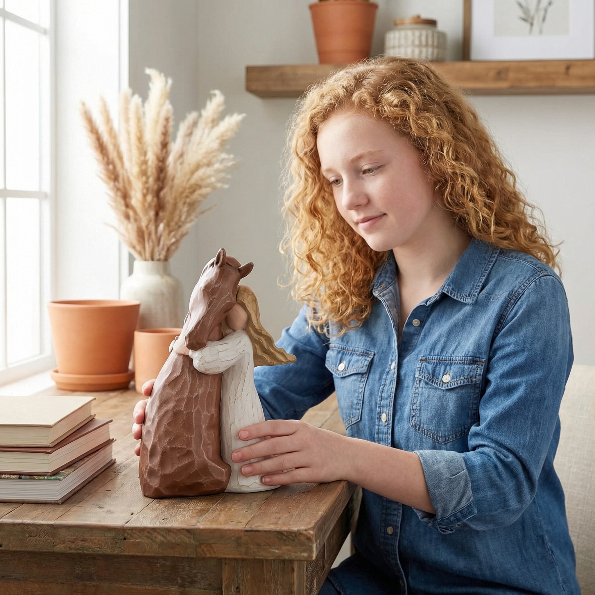 Girl Hugging Horse Figurine