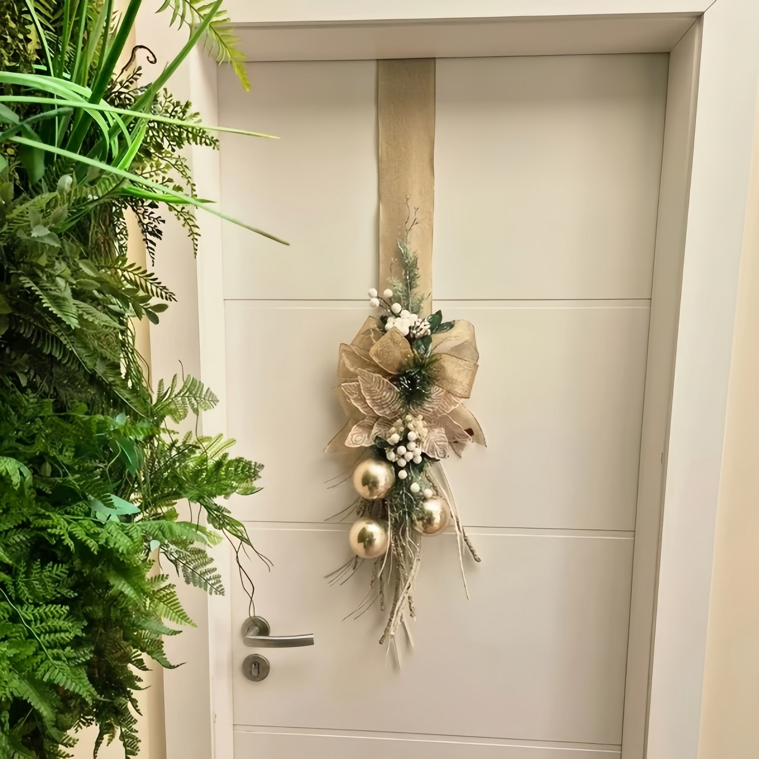 Glam Gold Christmas Door Ribbon with Ornaments & Greenery