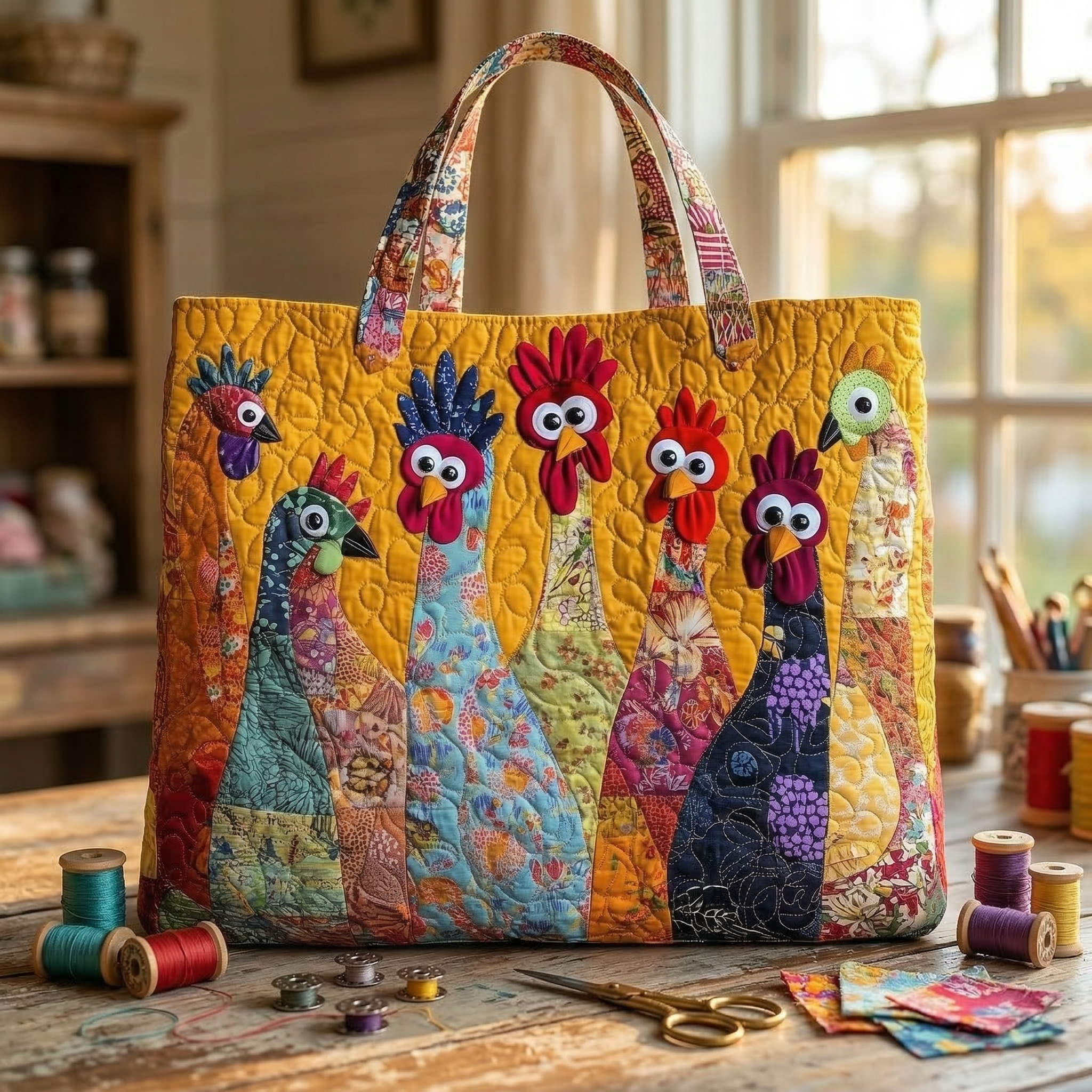 Colorful Chicken Patchwork Quilted Tote Bag