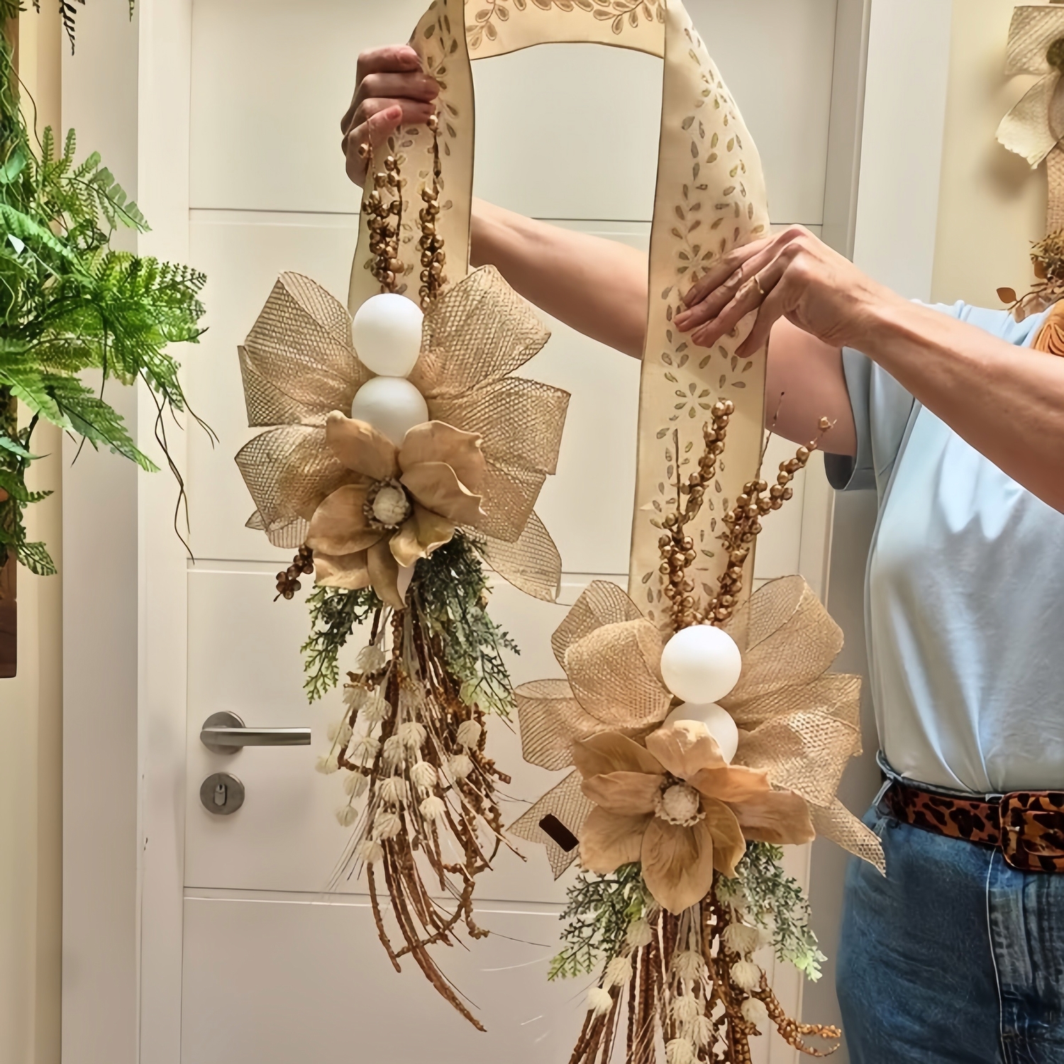 Elegant Bronze Double Ribbon Christmas Door Decor