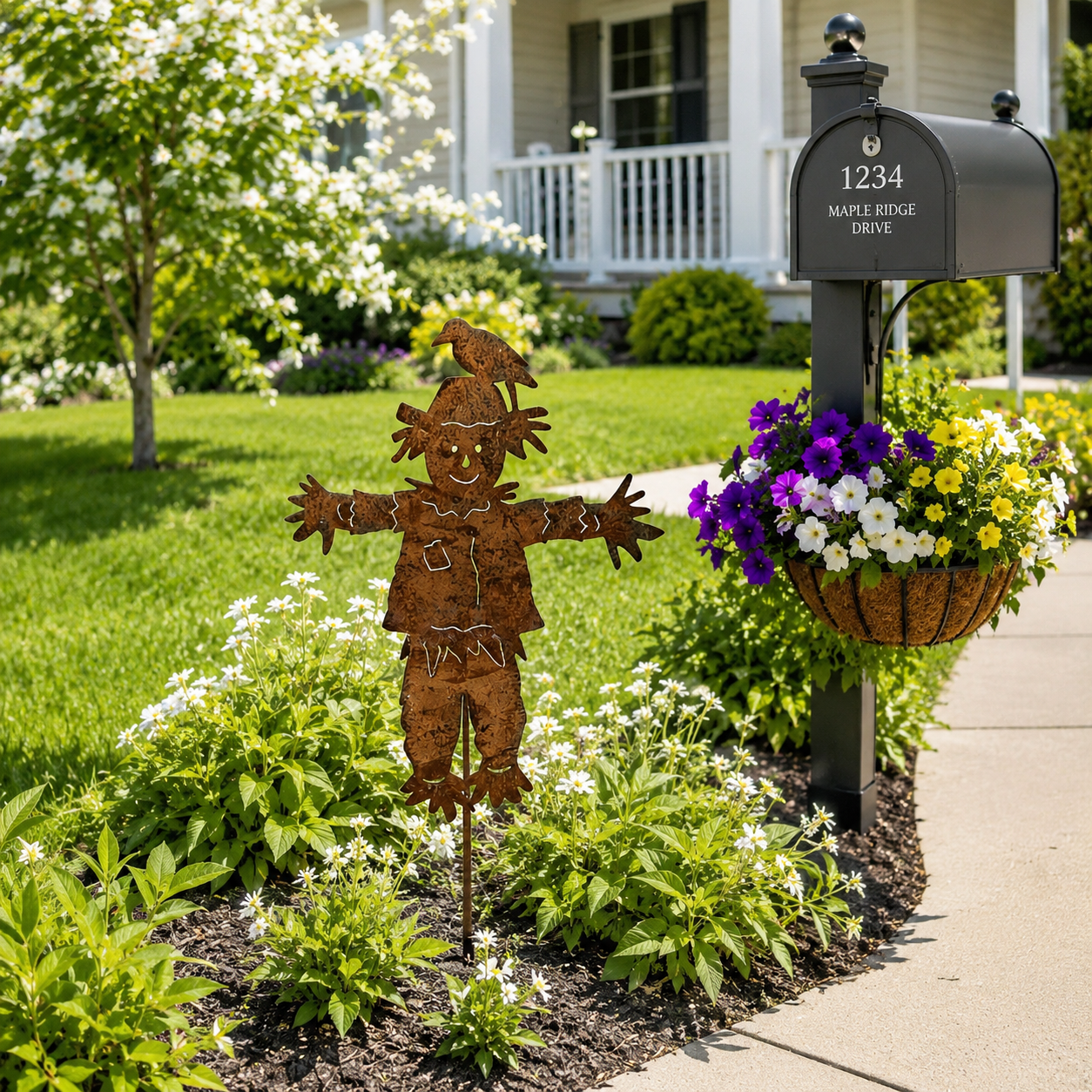 Rustic Metal Scarecrow Garden Stake with Crow