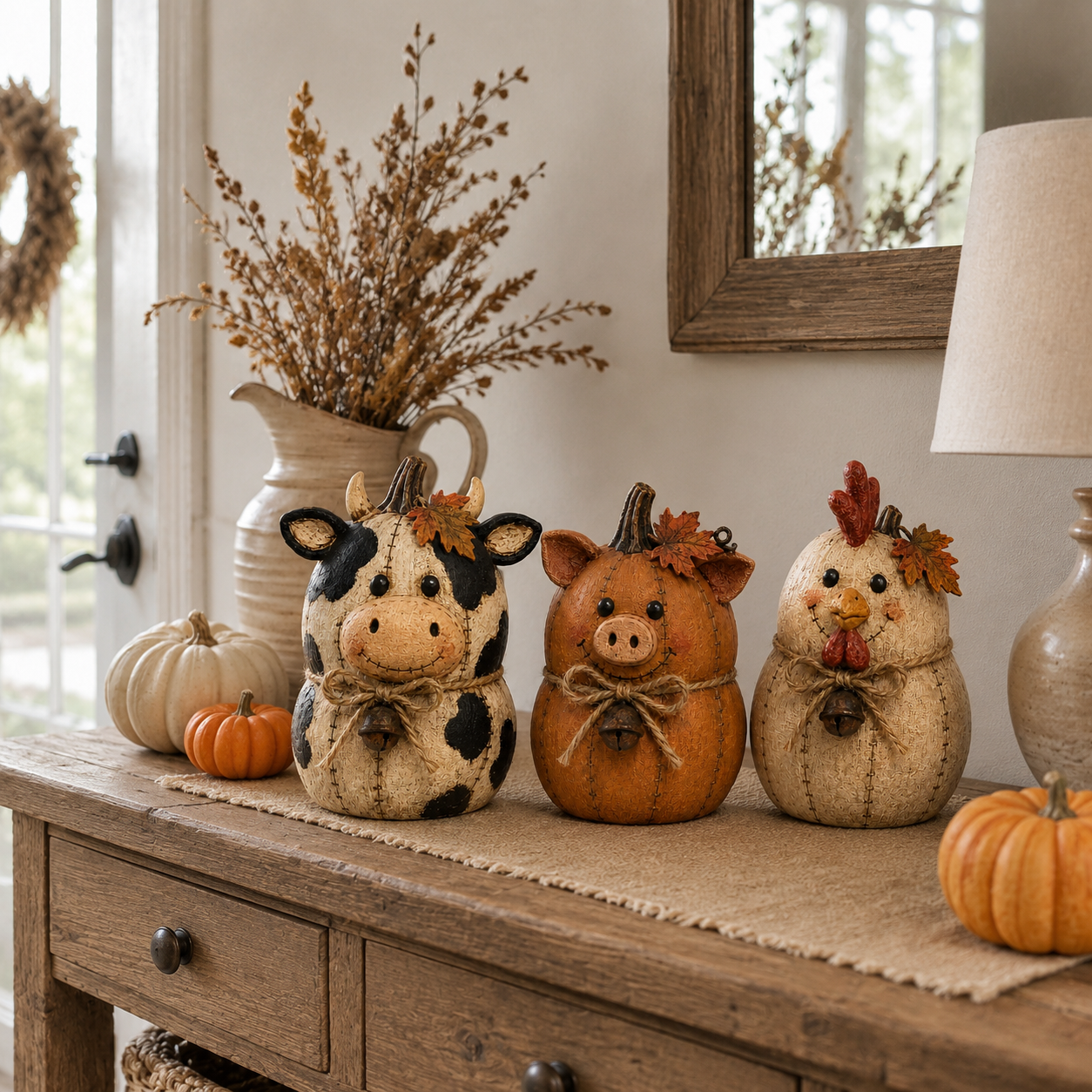 Rustic Farm Pumpkin Friends displayed on a farmhouse entryway table