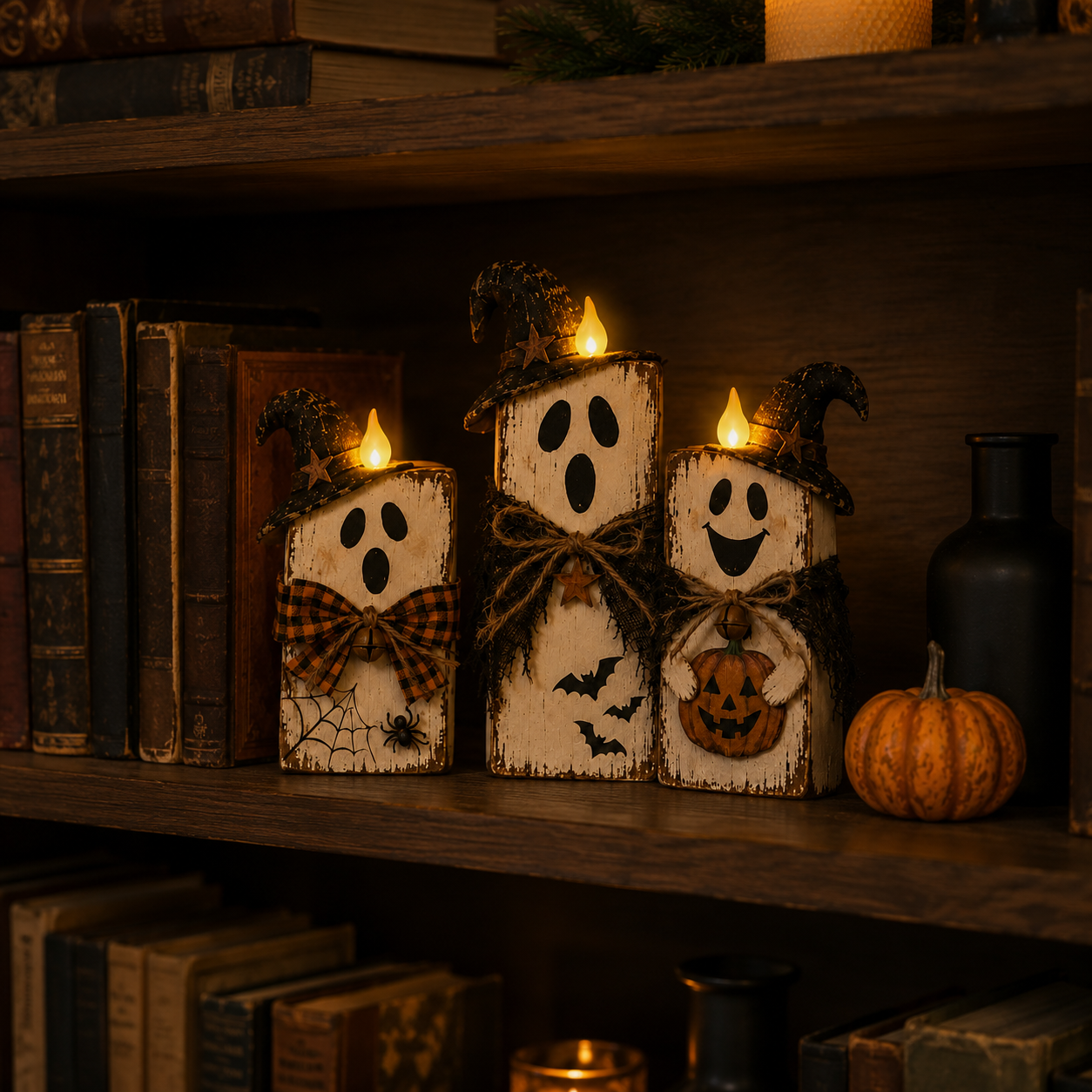 Lighted Vintage Wooden Ghost Decor Set