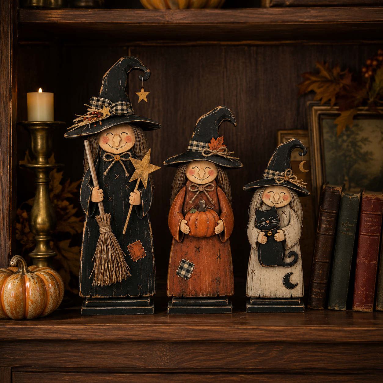 Vintage Wooden Witch Sisters Decor Set