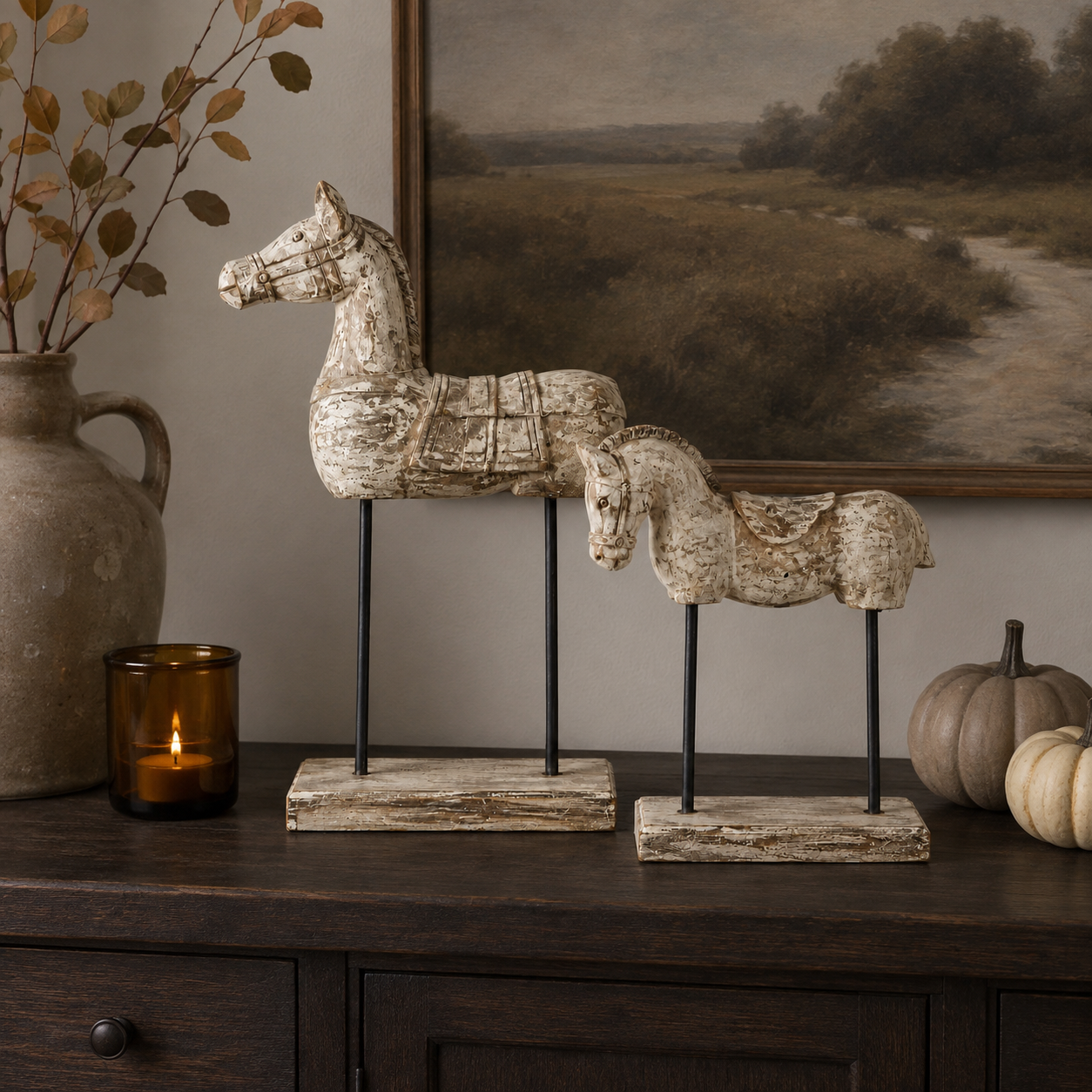 Set of 2 Vintage Weathered Horse Sculptures