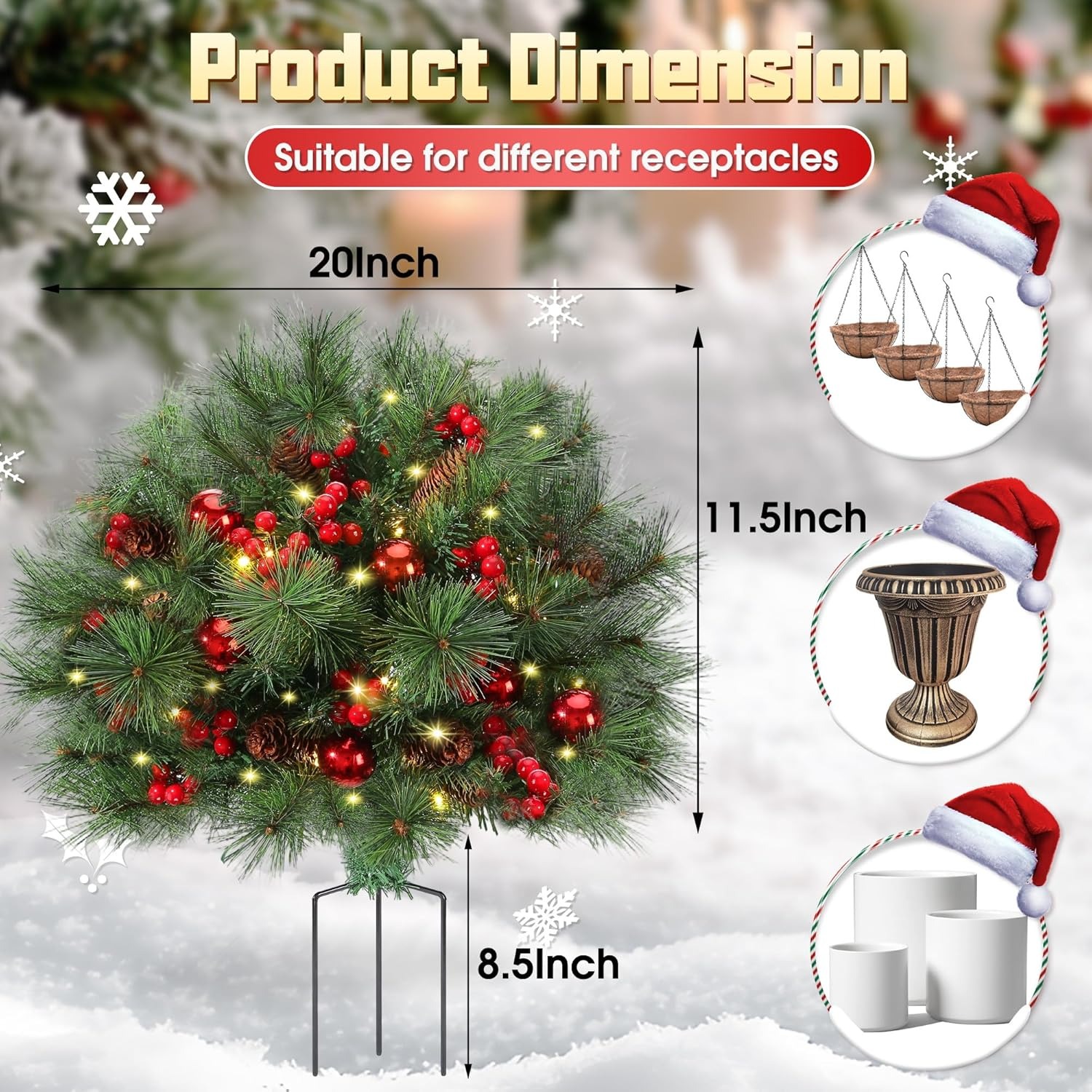 💥ON SALE💥2025 New Pre-Lit Christmas Urn Filler with Pine Cones, Red Berries & Ornament Balls