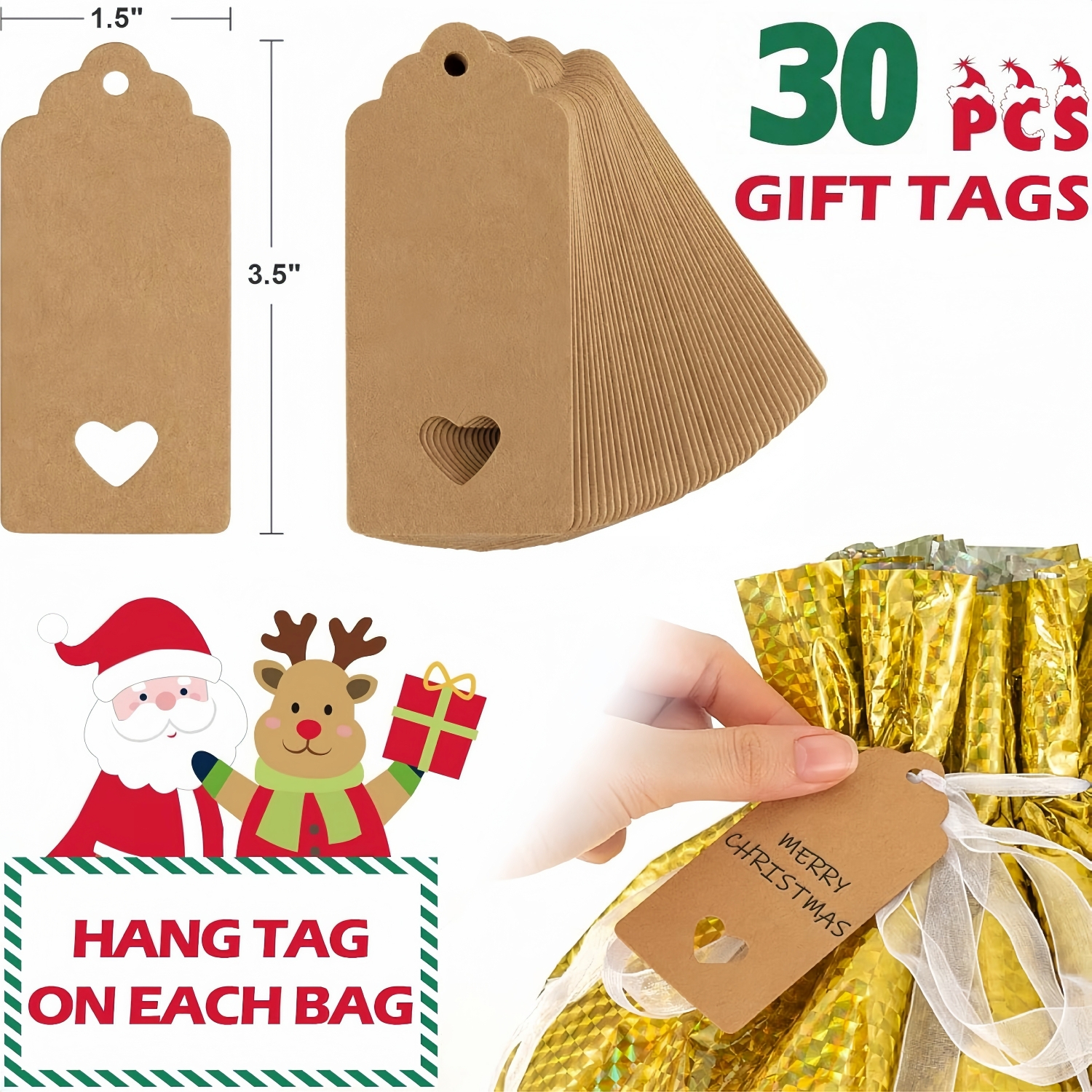 Christmas Drawstring Gift Bags (28 Pack + 30 kraft Tags)
