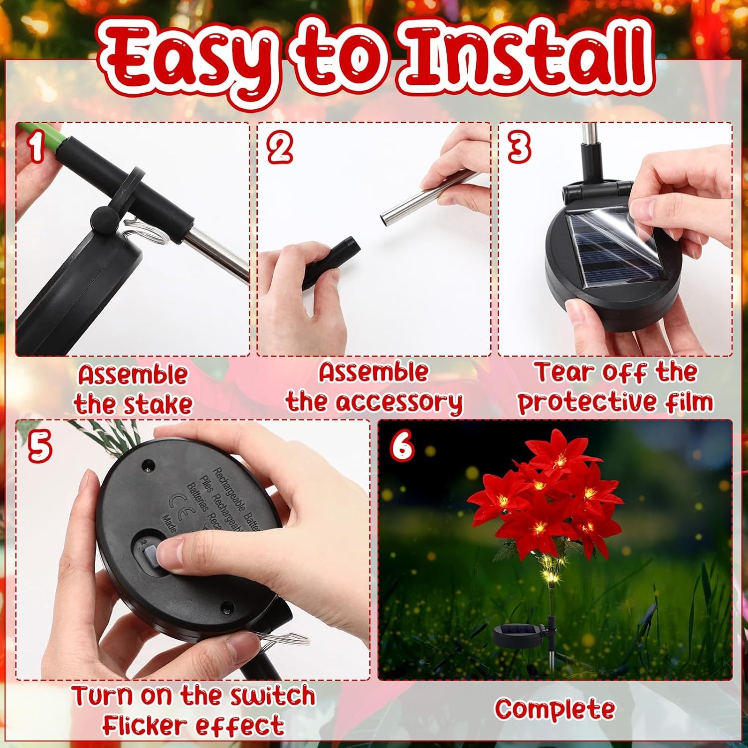 Christmas Solar Poinsettia Flower Lights – Waterproof Outdoor LED Holiday Pathway Decor