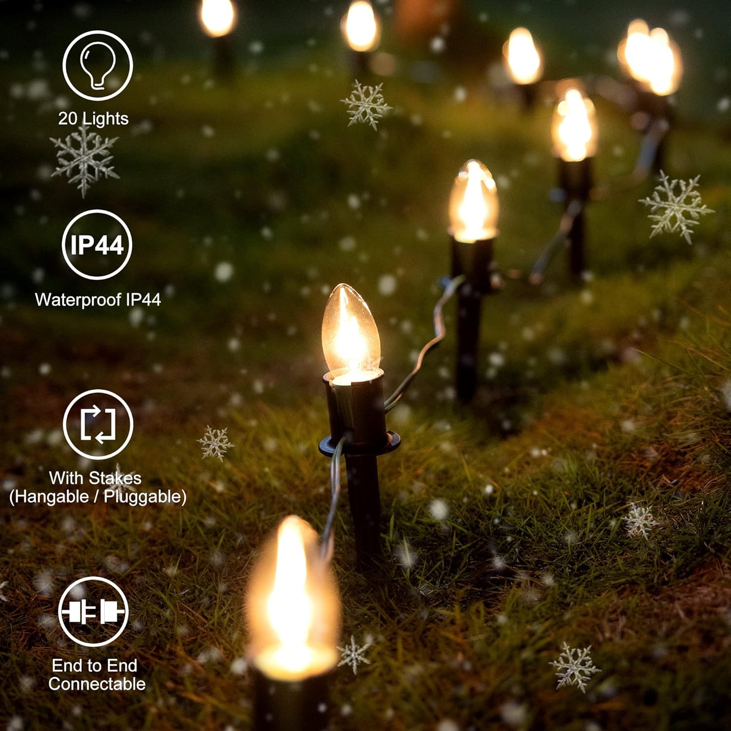 Outdoor Warm Christmas Pathway Lights – 24.2FT C9 LED Walkway String Lights with 20 Stakes