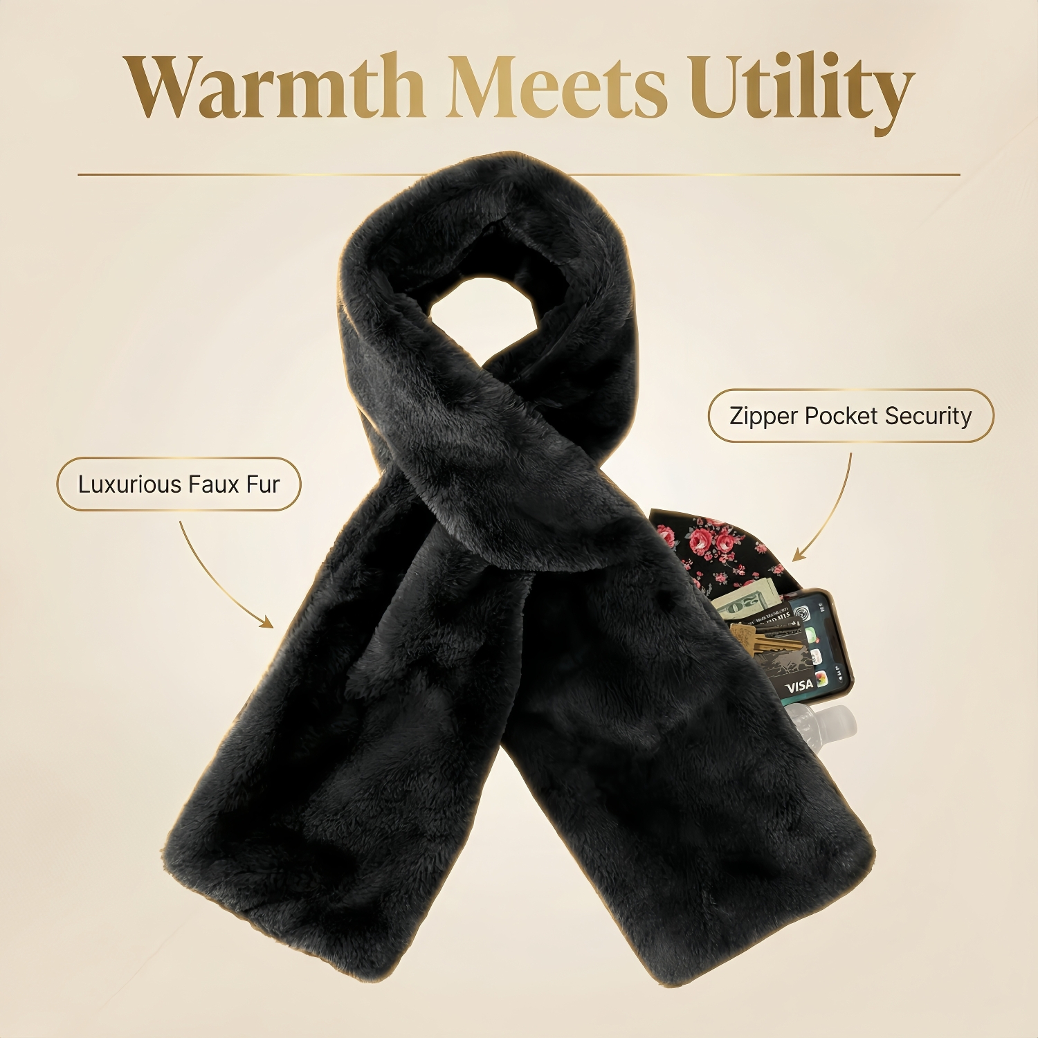 Faux Fur Scarf with Hidden Zipper Pocket
